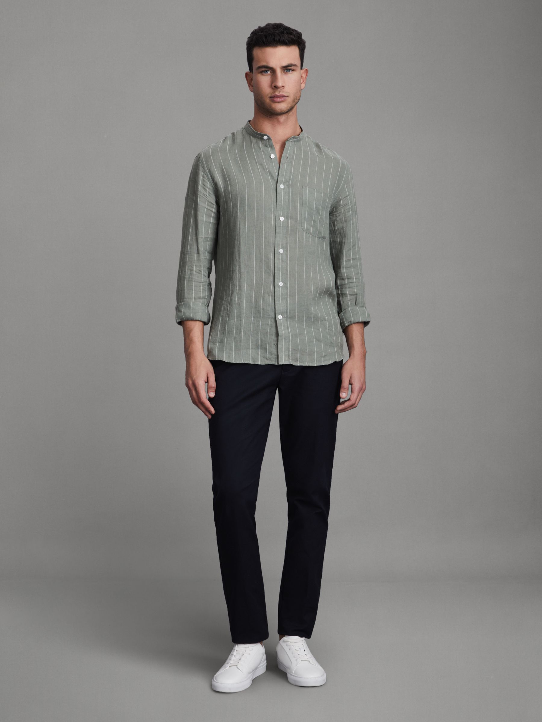 Linen Grandad Collar Shirt in Sage Stripe - Image 3 of 5