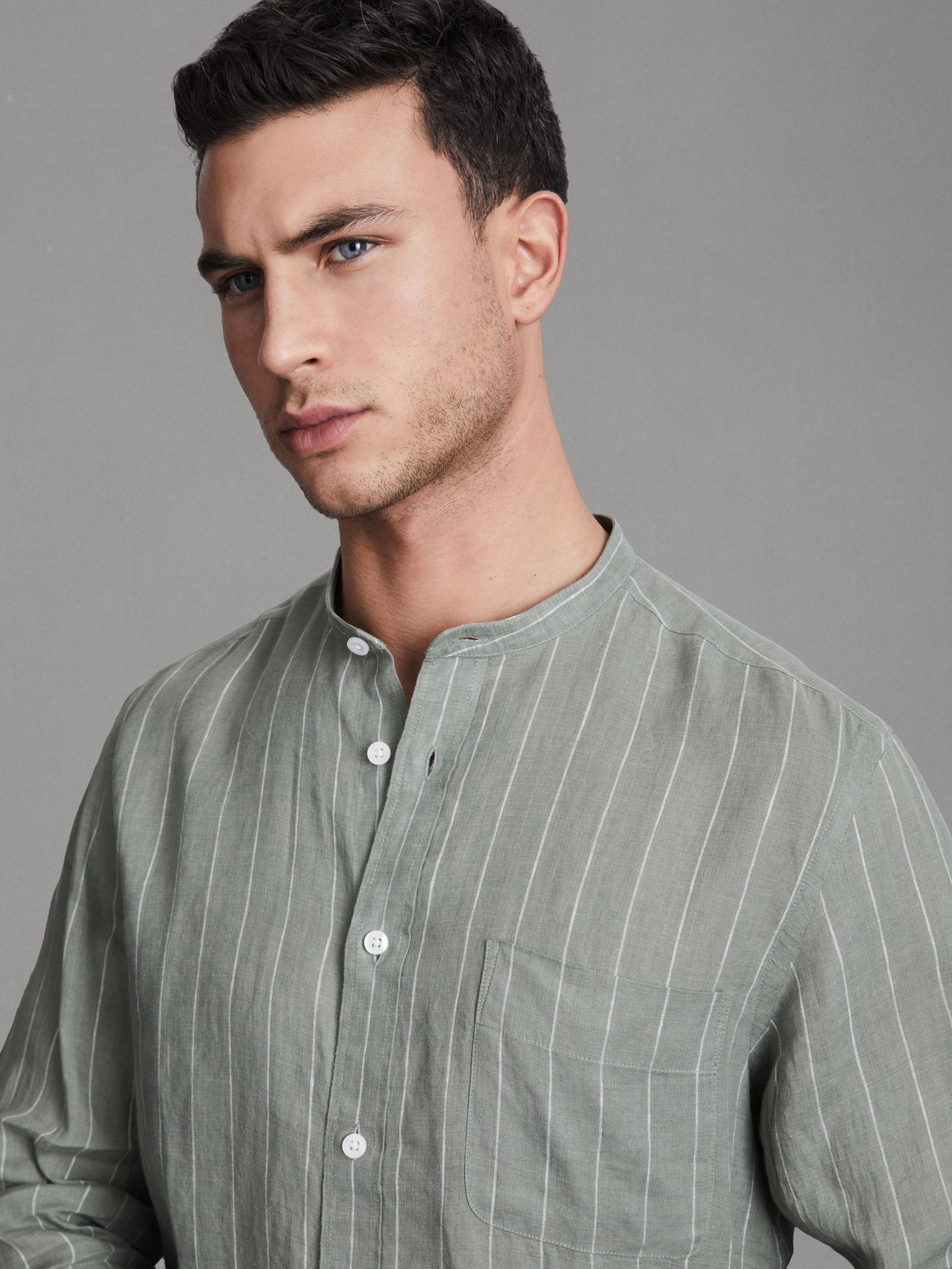 Linen Grandad Collar Shirt in Sage Stripe - Image 4 of 5
