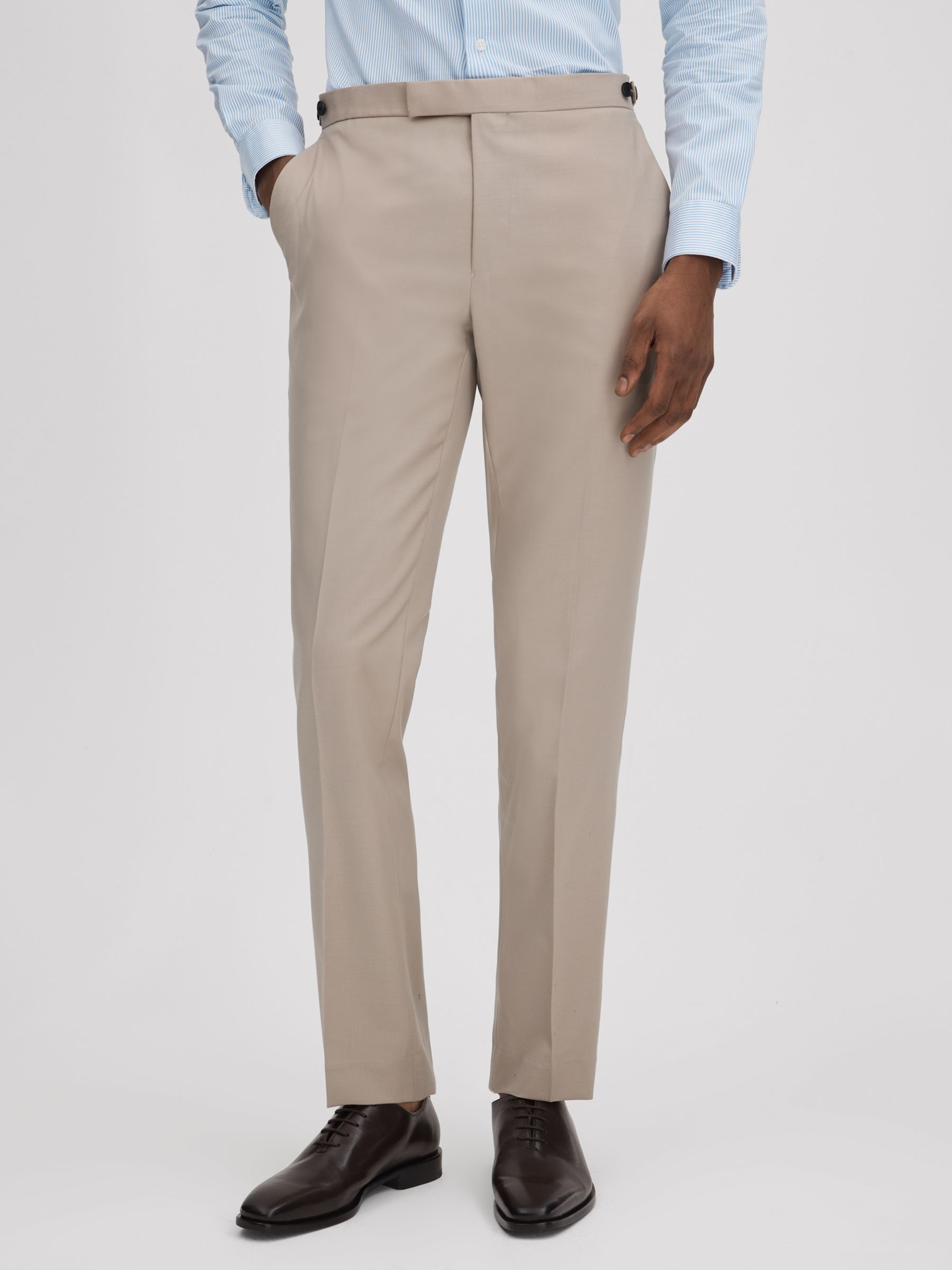 Slim Fit Wool Blend Adjuster Trousers in Stone - Image 1 of 6