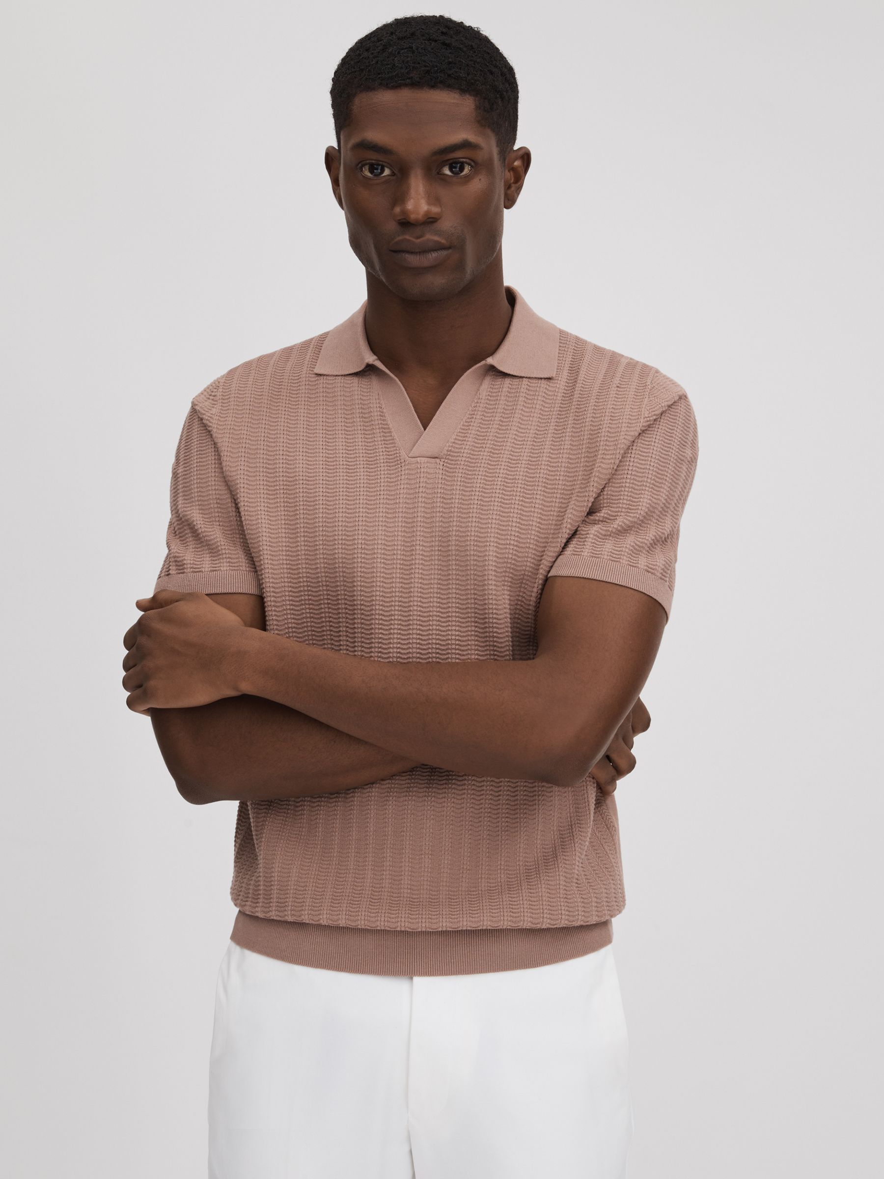Textured Modal Blend Open Collar Shirt in Dusty Pink - Image 1 of 6