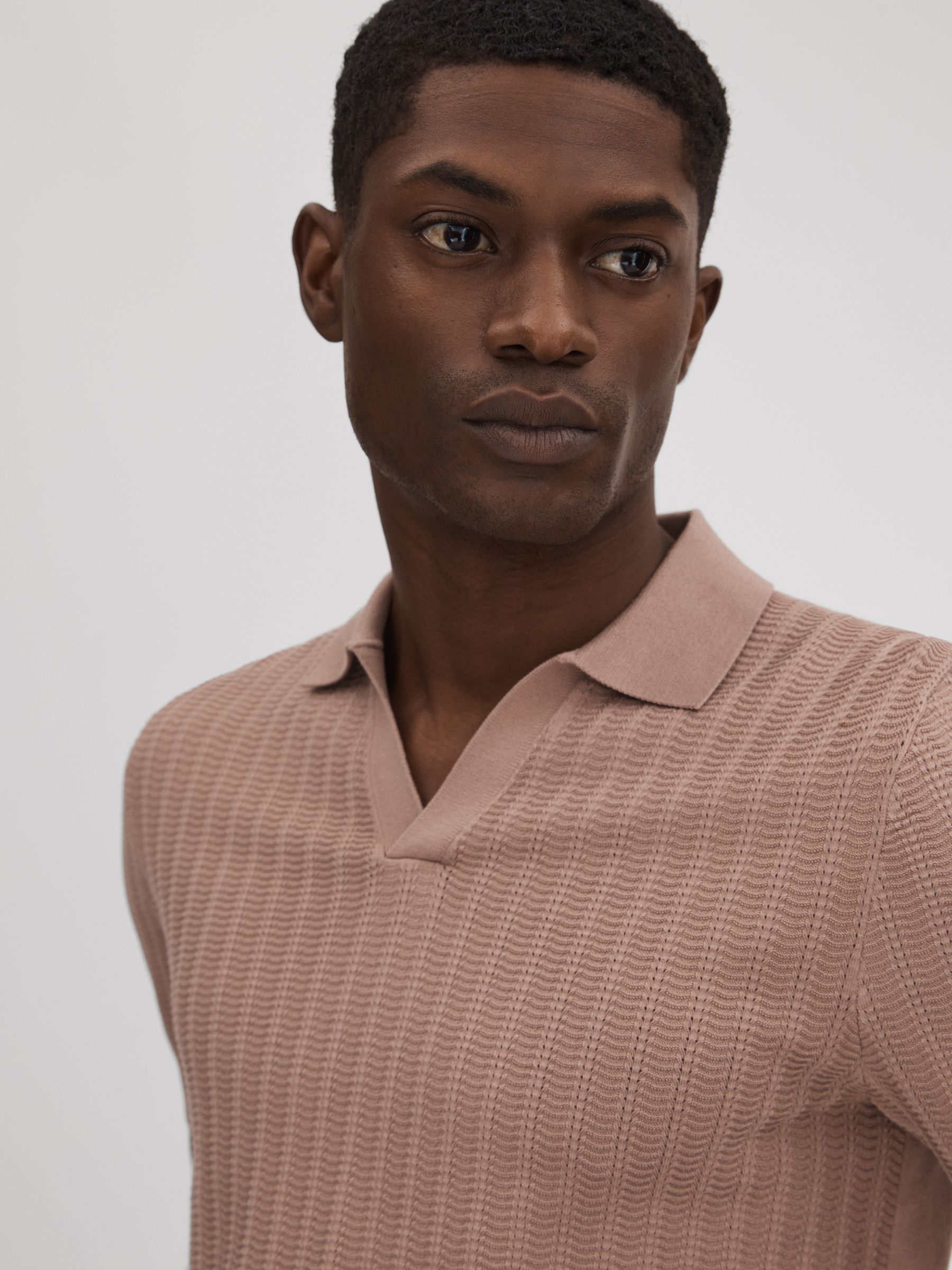 Textured Modal Blend Open Collar Shirt in Dusty Pink - Image 4 of 6