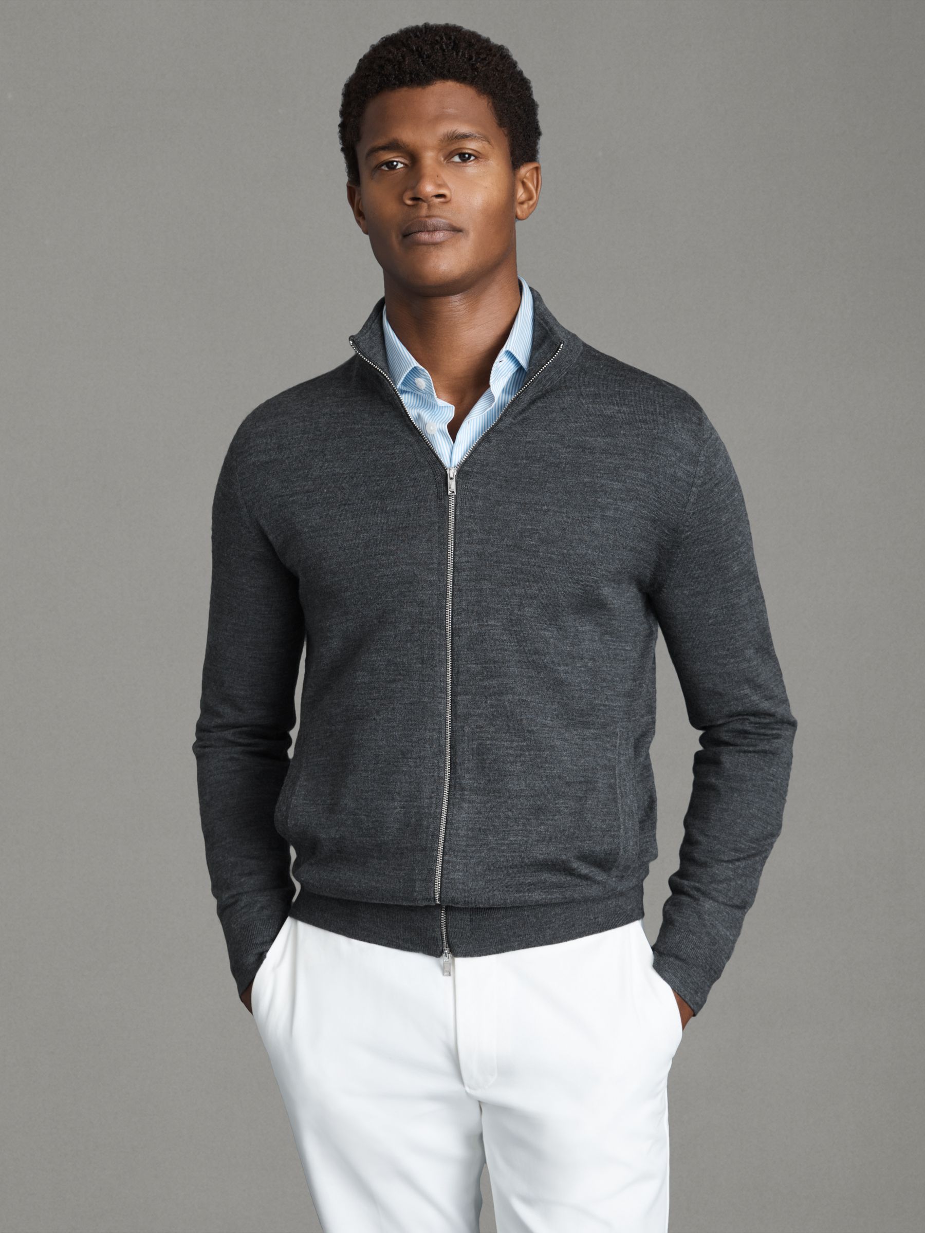 Merino Wool Zip-Through Cardigan in Derby Grey Marl - Image 1 of 5