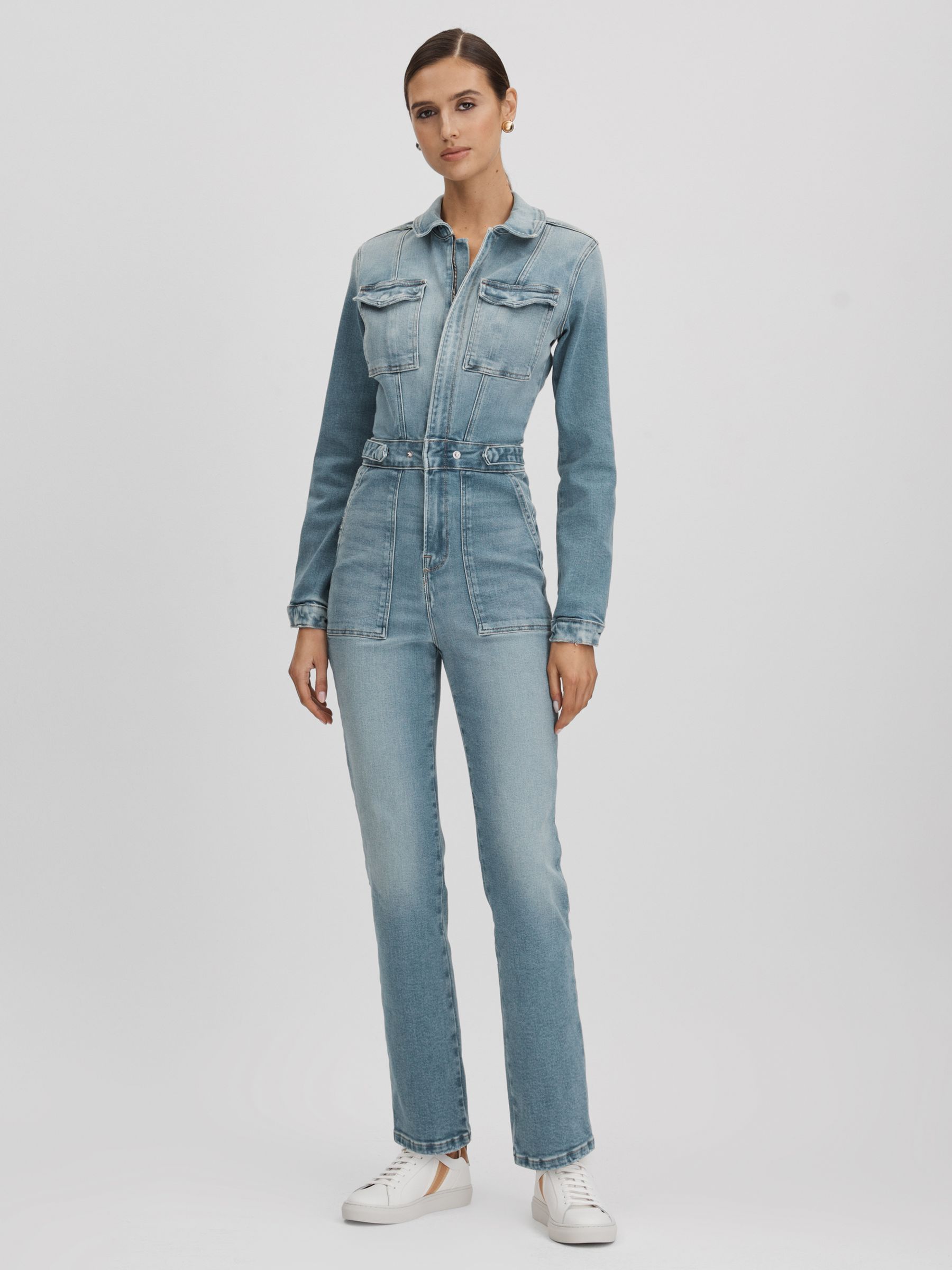 Good American Denim Long Sleeve Jumpsuit in Blue - Image 1 of 6 Good American Denim Long Sleeve Jumpsuit in Blue - Image 1 of 6