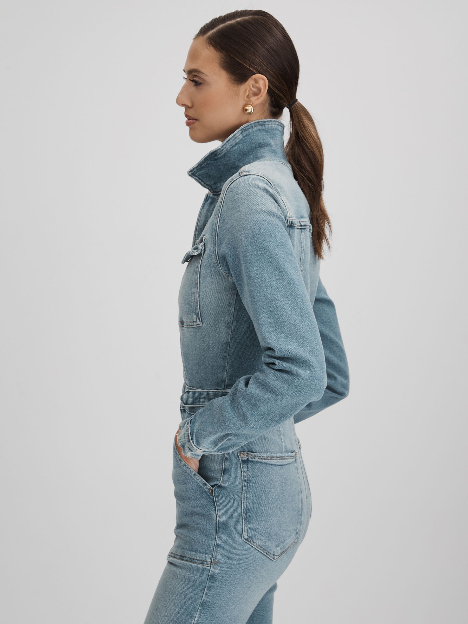 Good American Denim Long Sleeve Jumpsuit in Blue - Image 3 of 6