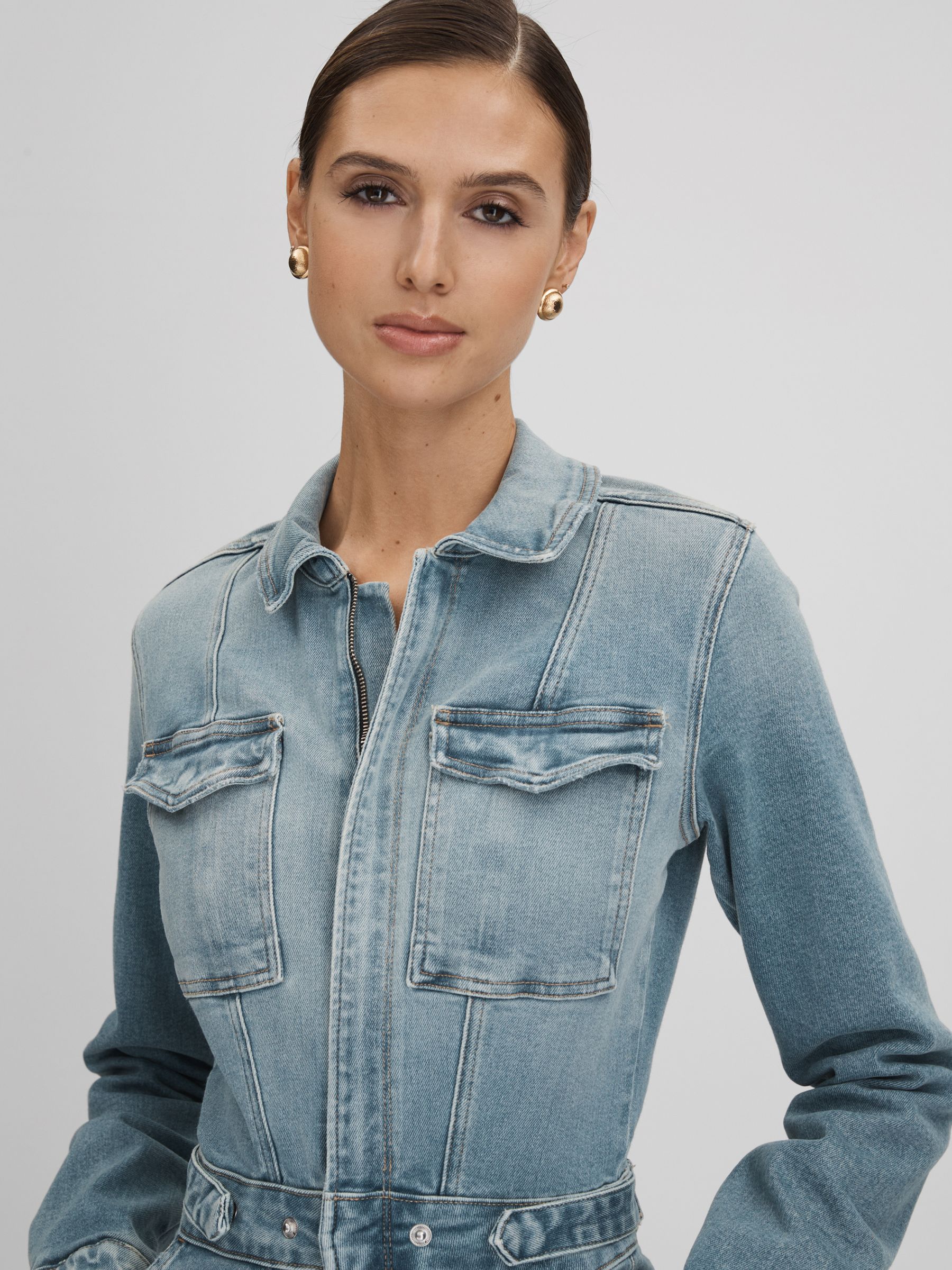 Good American Denim Long Sleeve Jumpsuit in Blue - Image 4 of 6