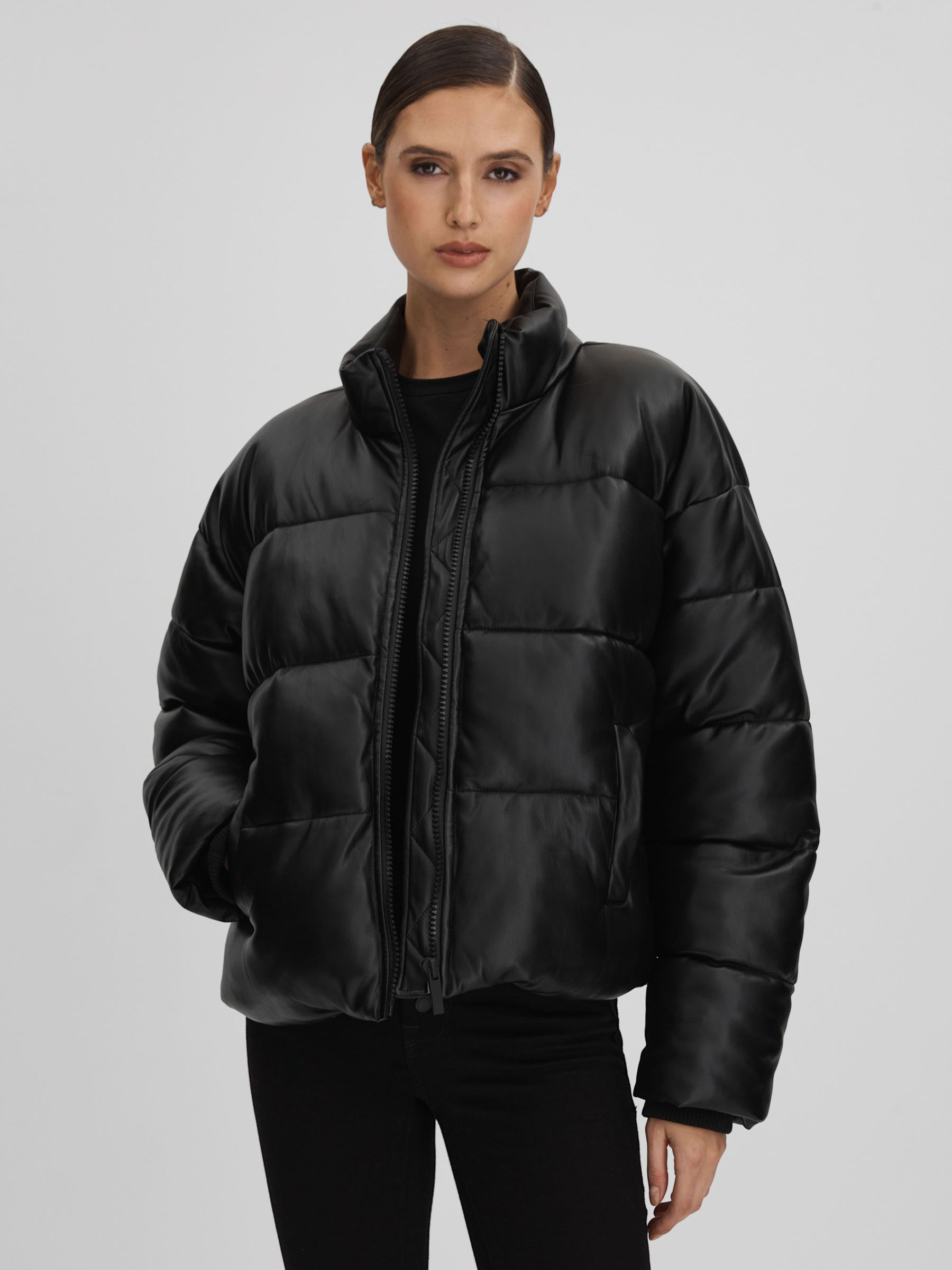 Good American Faux Leather Puffer Jacket in Black - Image 1 of 7