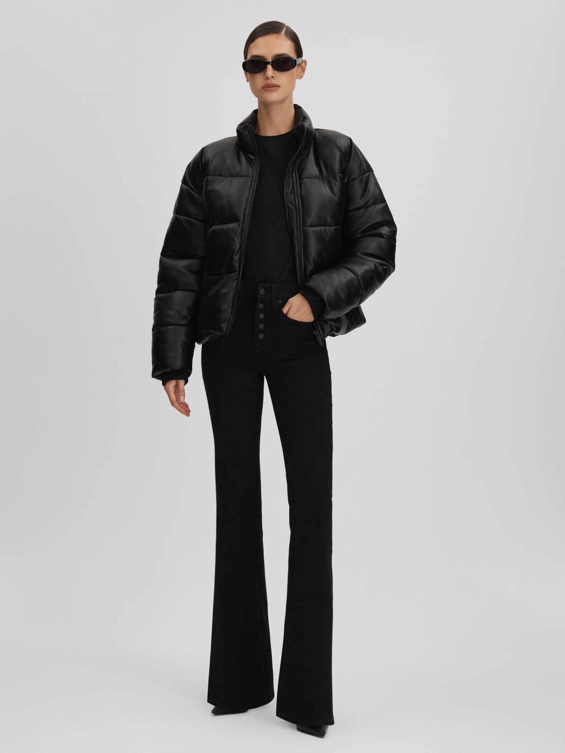 Good American Faux Leather Puffer Jacket in Black - Image 3 of 7