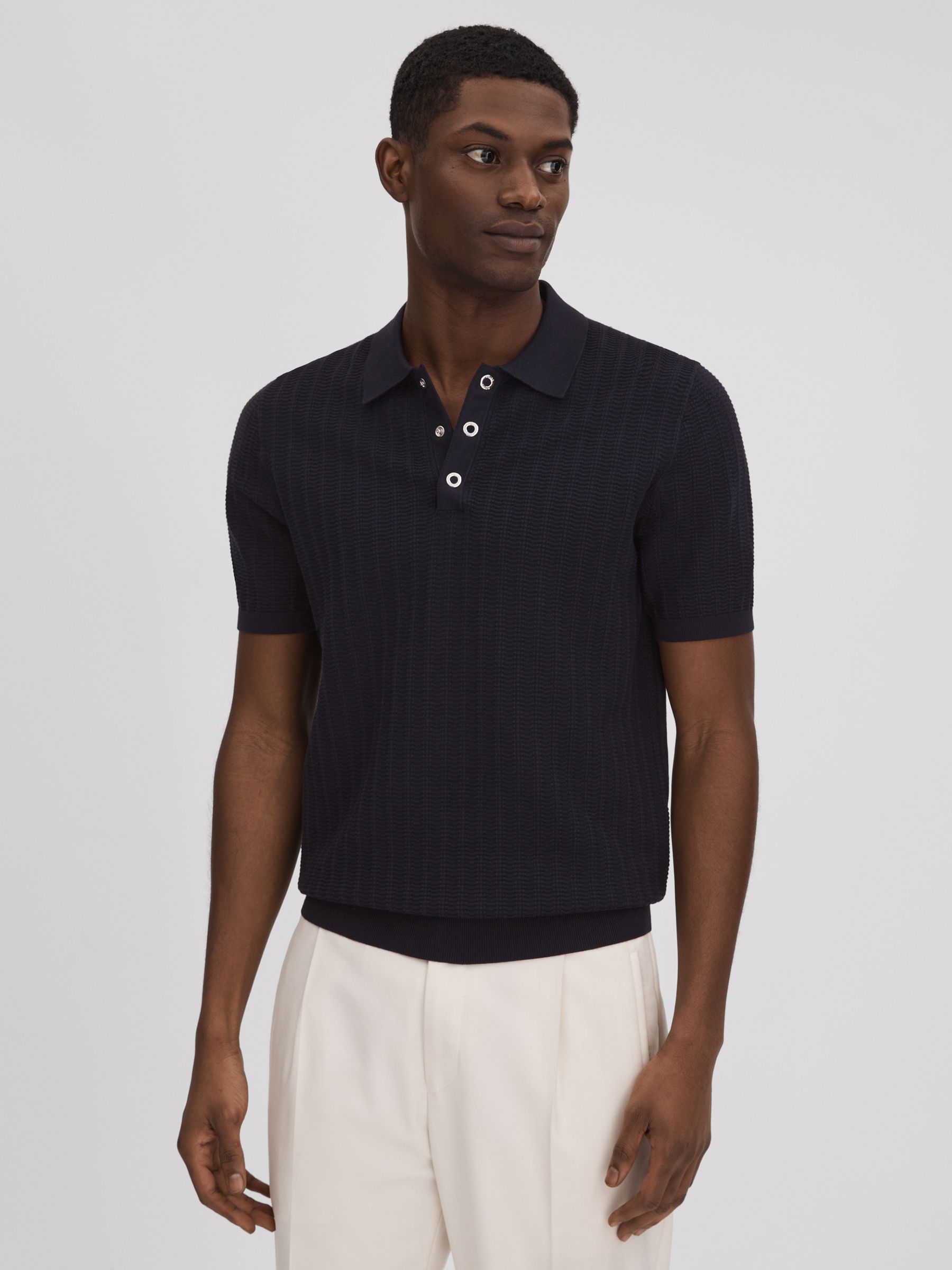 Textured Modal Blend Polo Shirt in Navy - Image 4 of 5