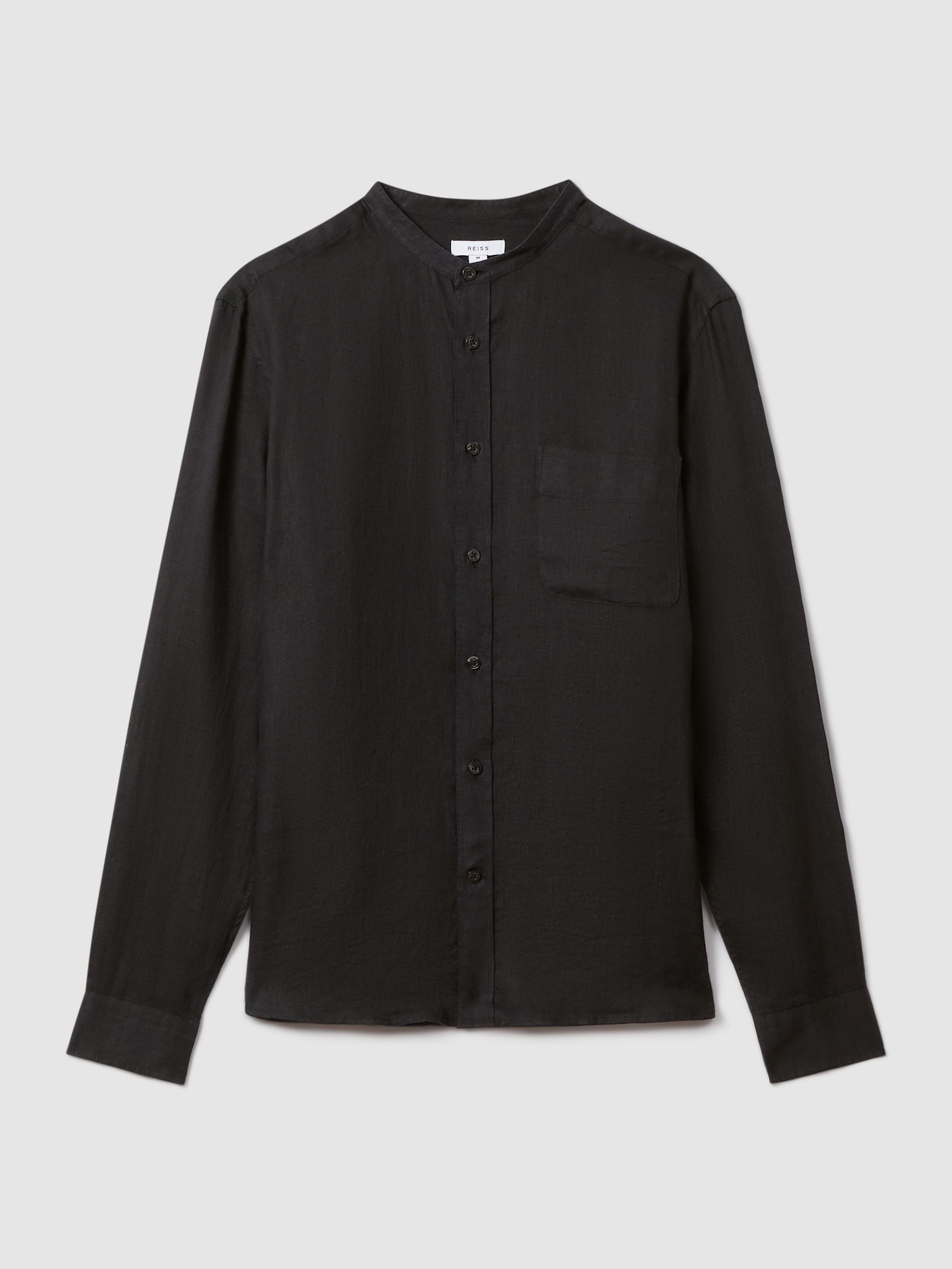 Linen Grandad Collar Shirt in Black - Image 2 of 6