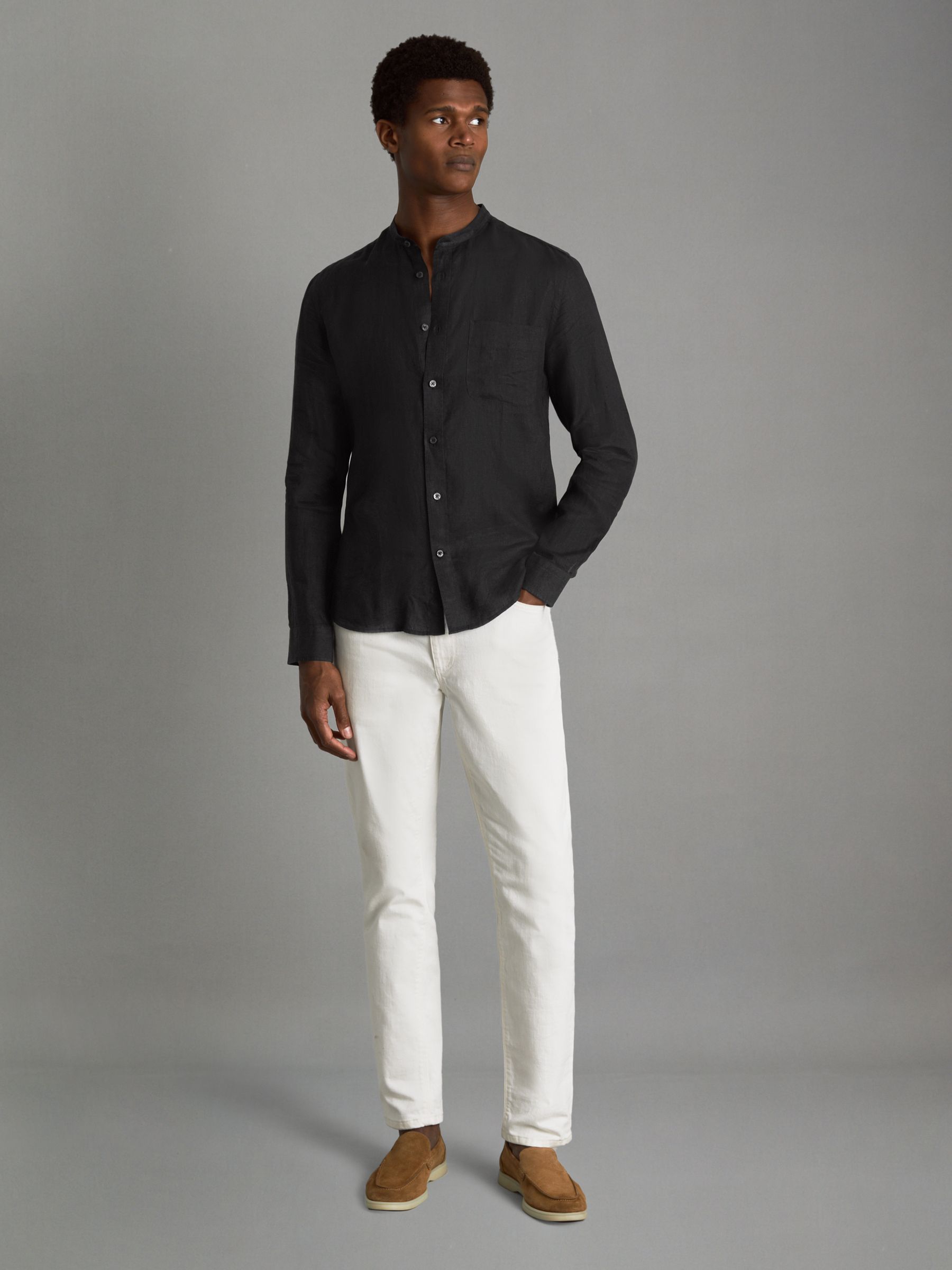 Linen Grandad Collar Shirt in Black - Image 3 of 6