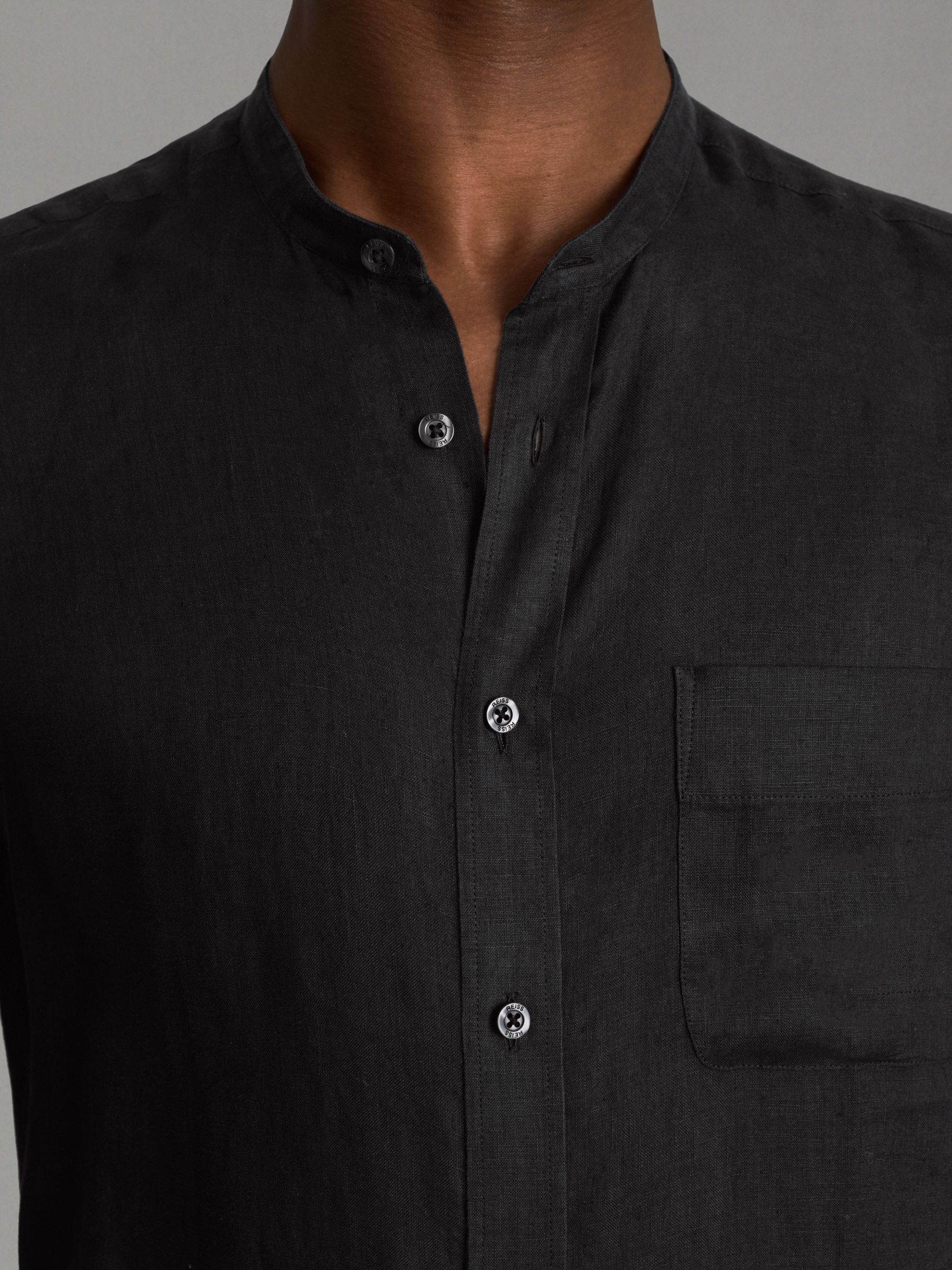 Linen Grandad Collar Shirt in Black - Image 4 of 6