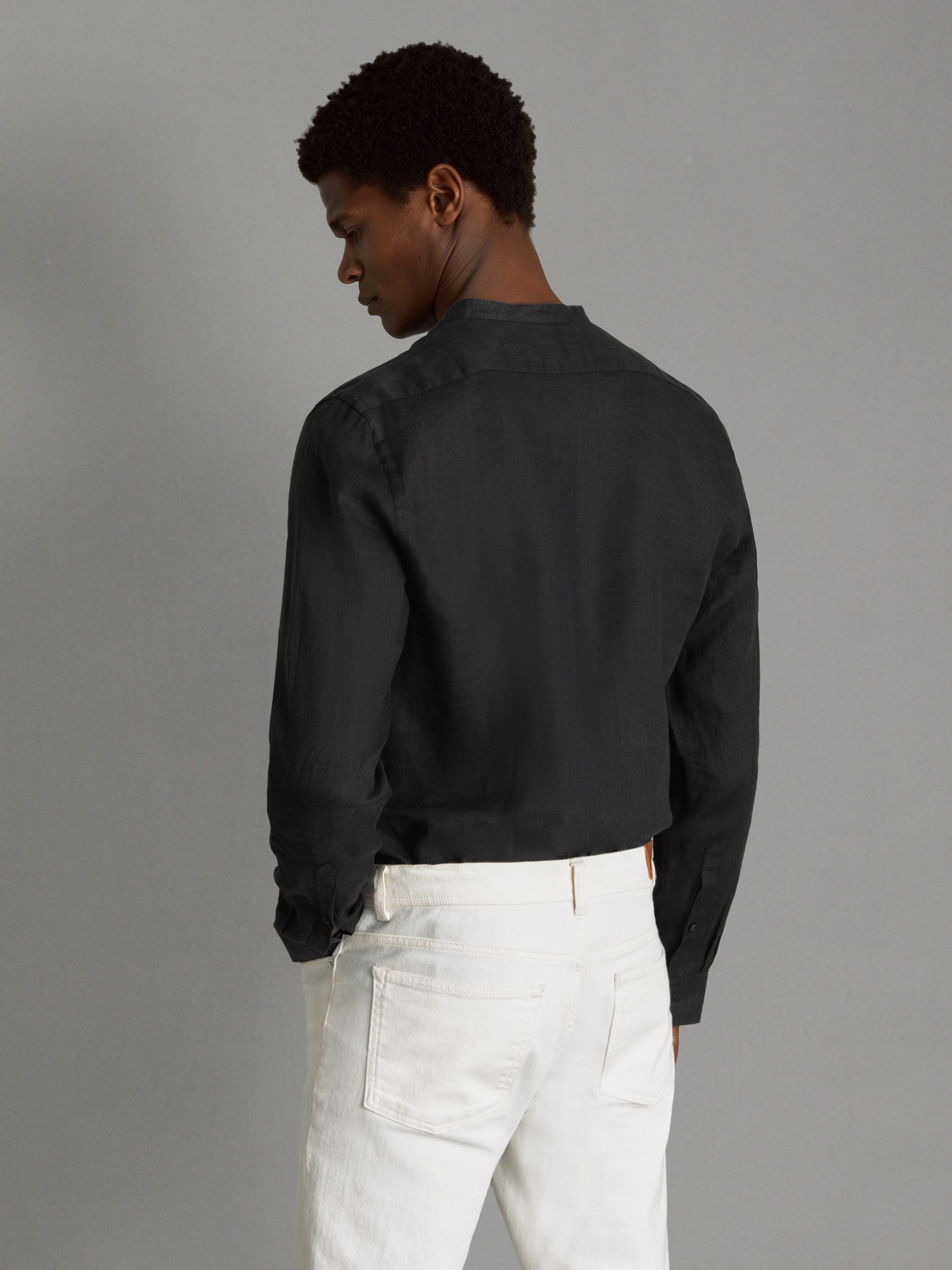Linen Grandad Collar Shirt in Black - Image 5 of 6
