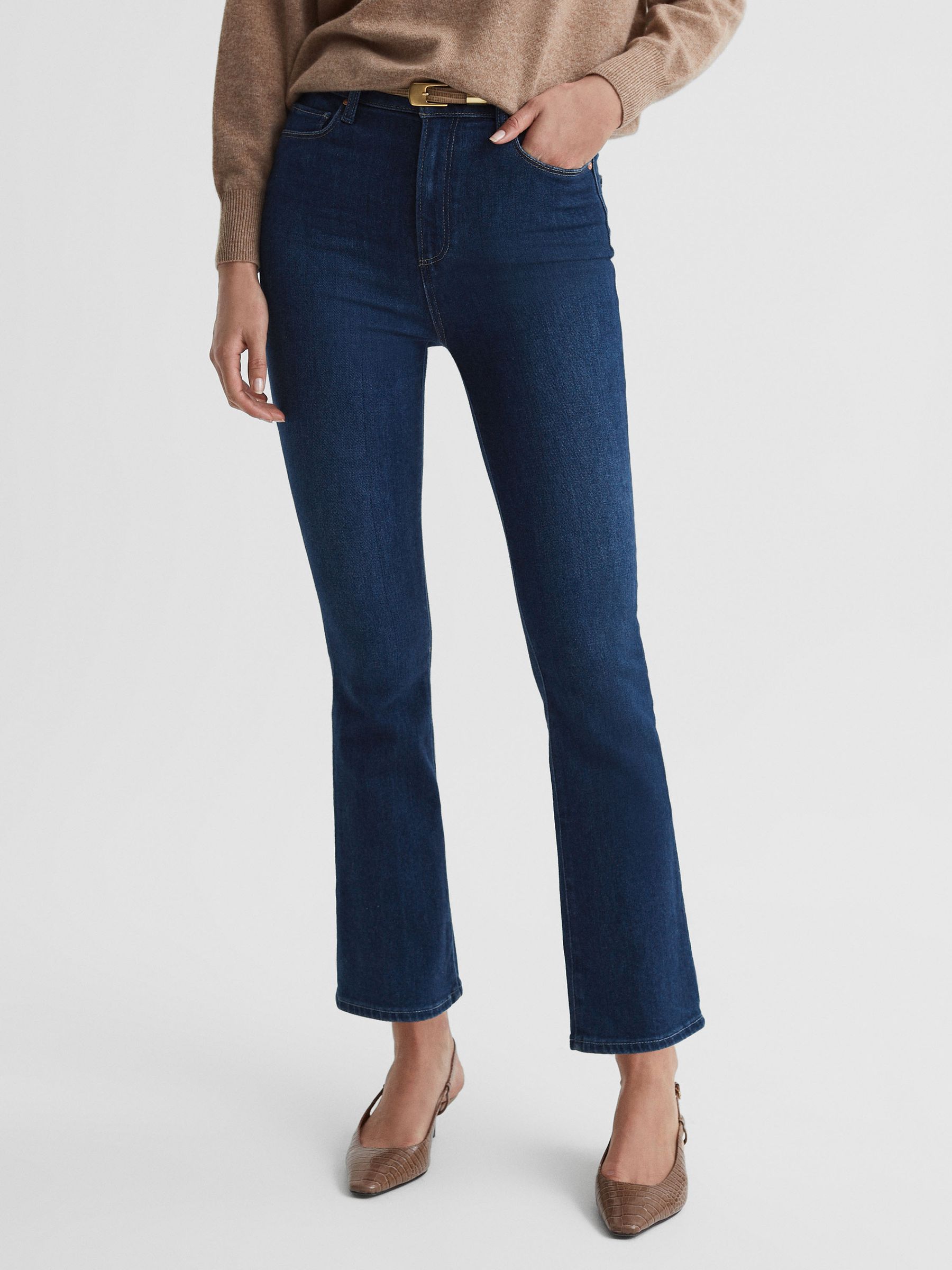 Paige High Rise Flared Jeans in Timeless Blue - Image 1 of 6 Paige High Rise Flared Jeans in Timeless Blue - Image 1 of 6