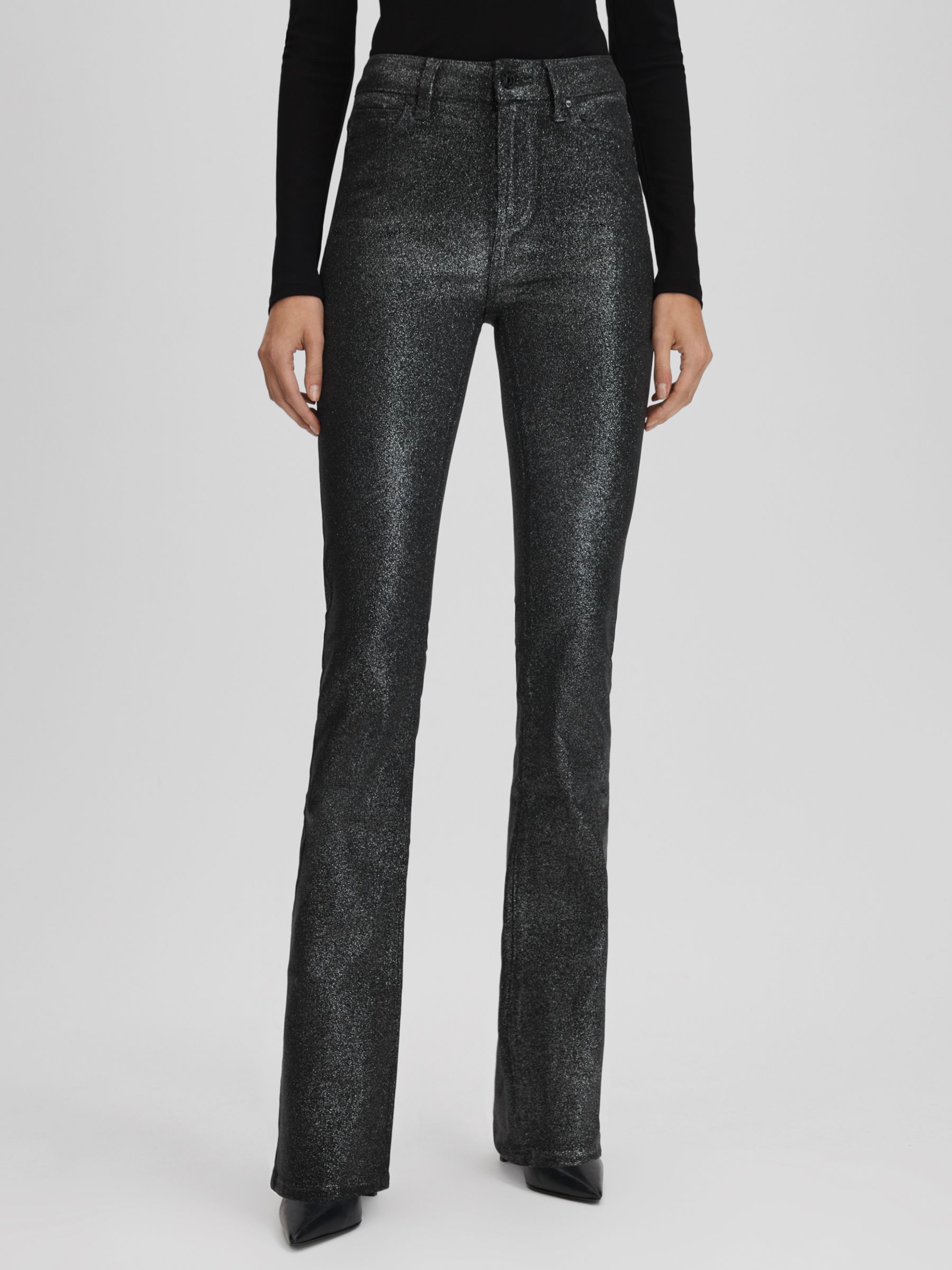 Paige High Rise Sparkly Trousers in Black/Silver - Image 1 of 6