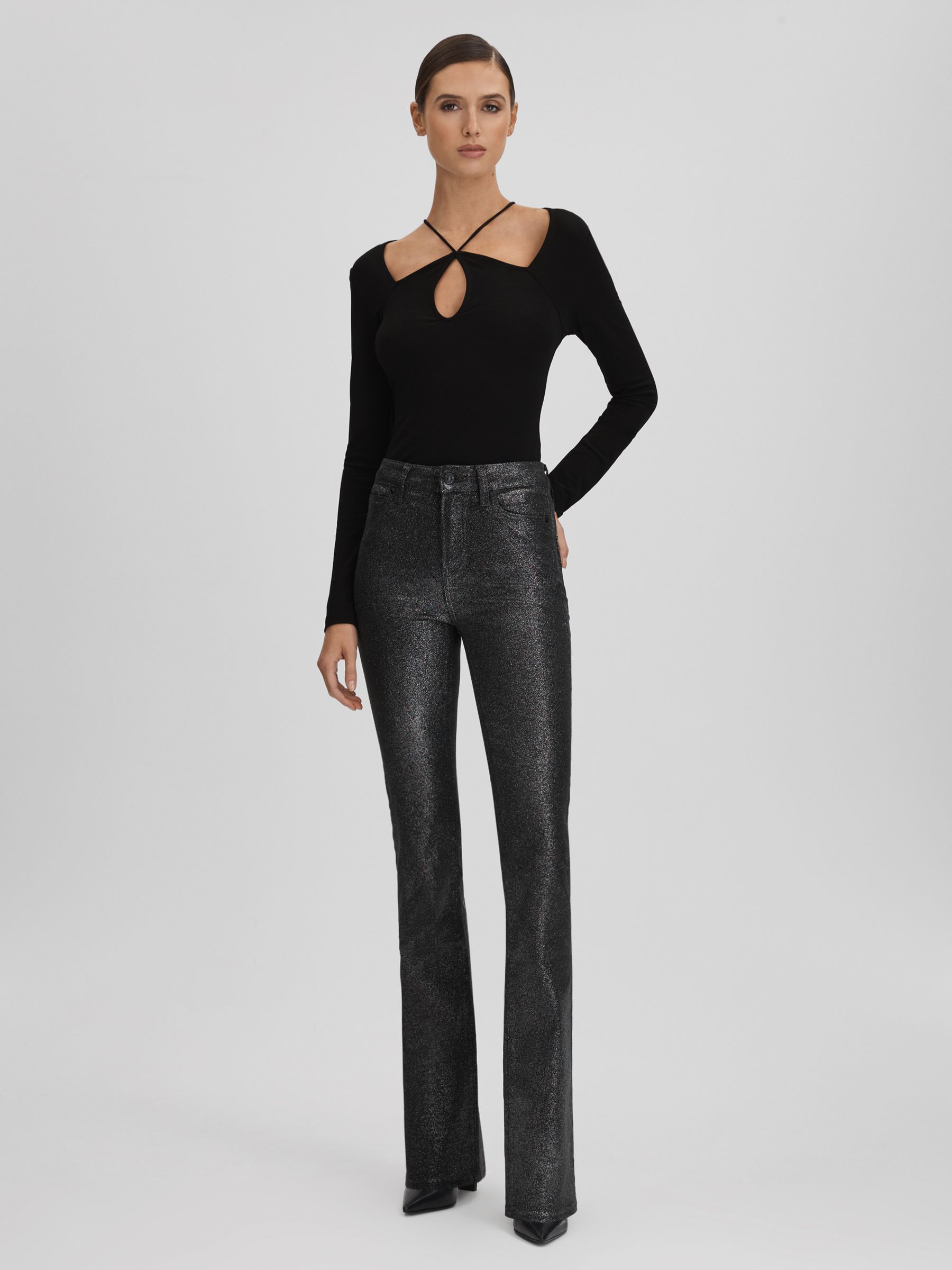 Paige High Rise Sparkly Trousers in Black/Silver - Image 3 of 6