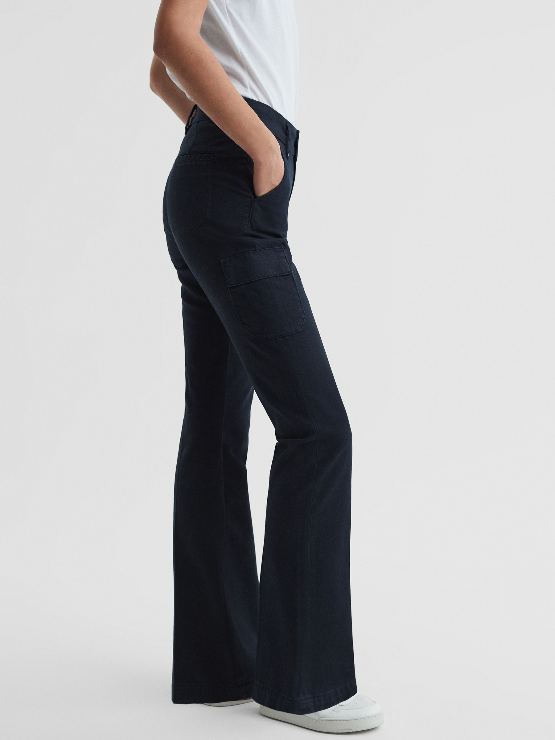 Paige Flared Cargo Trousers in Navy Skyline - Image 1 of 5