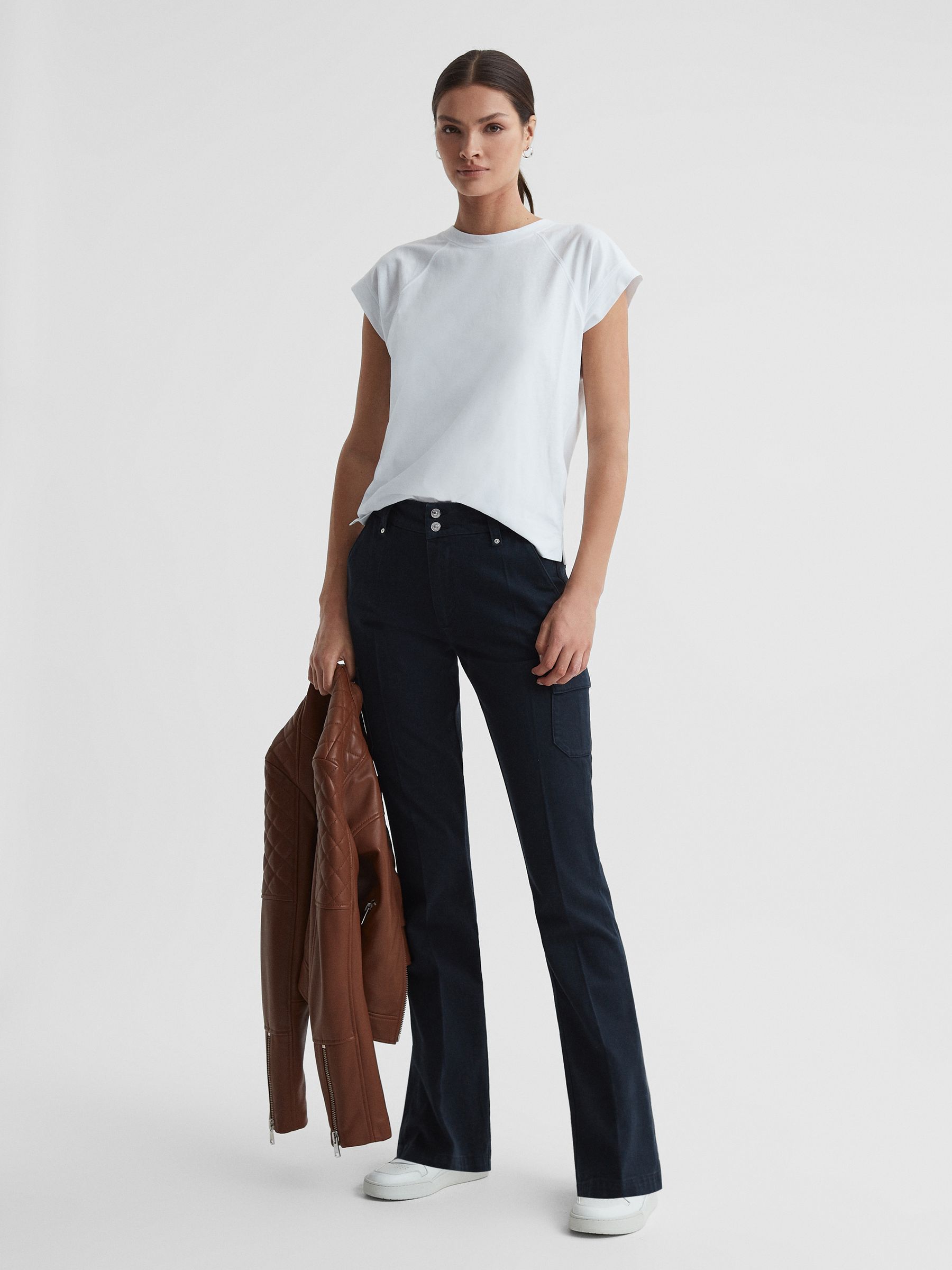 Paige Flared Cargo Trousers in Navy Skyline - Image 3 of 5