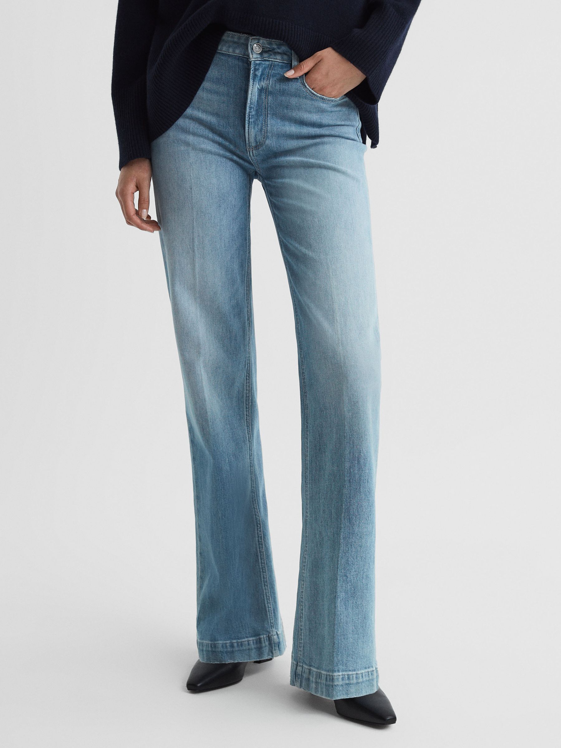 Paige High Rise Distressed Flared Jeans in Nightingale Blue - Image 1 of 6