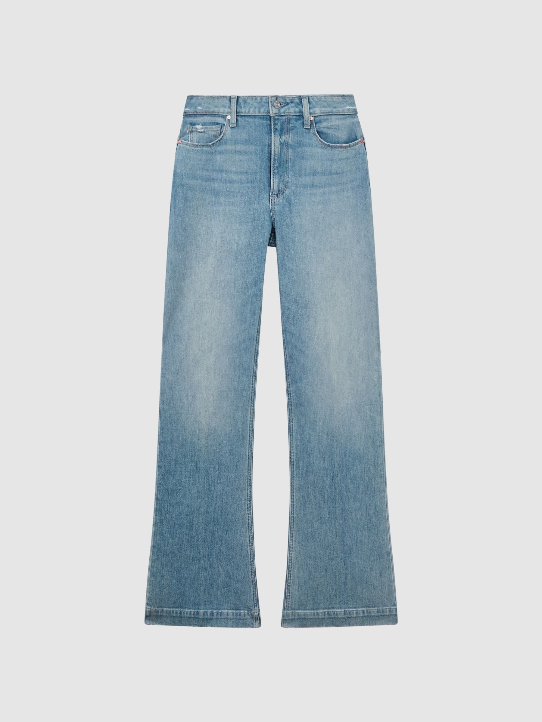 Paige High Rise Distressed Flared Jeans in Nightingale Blue - Image 2 of 6