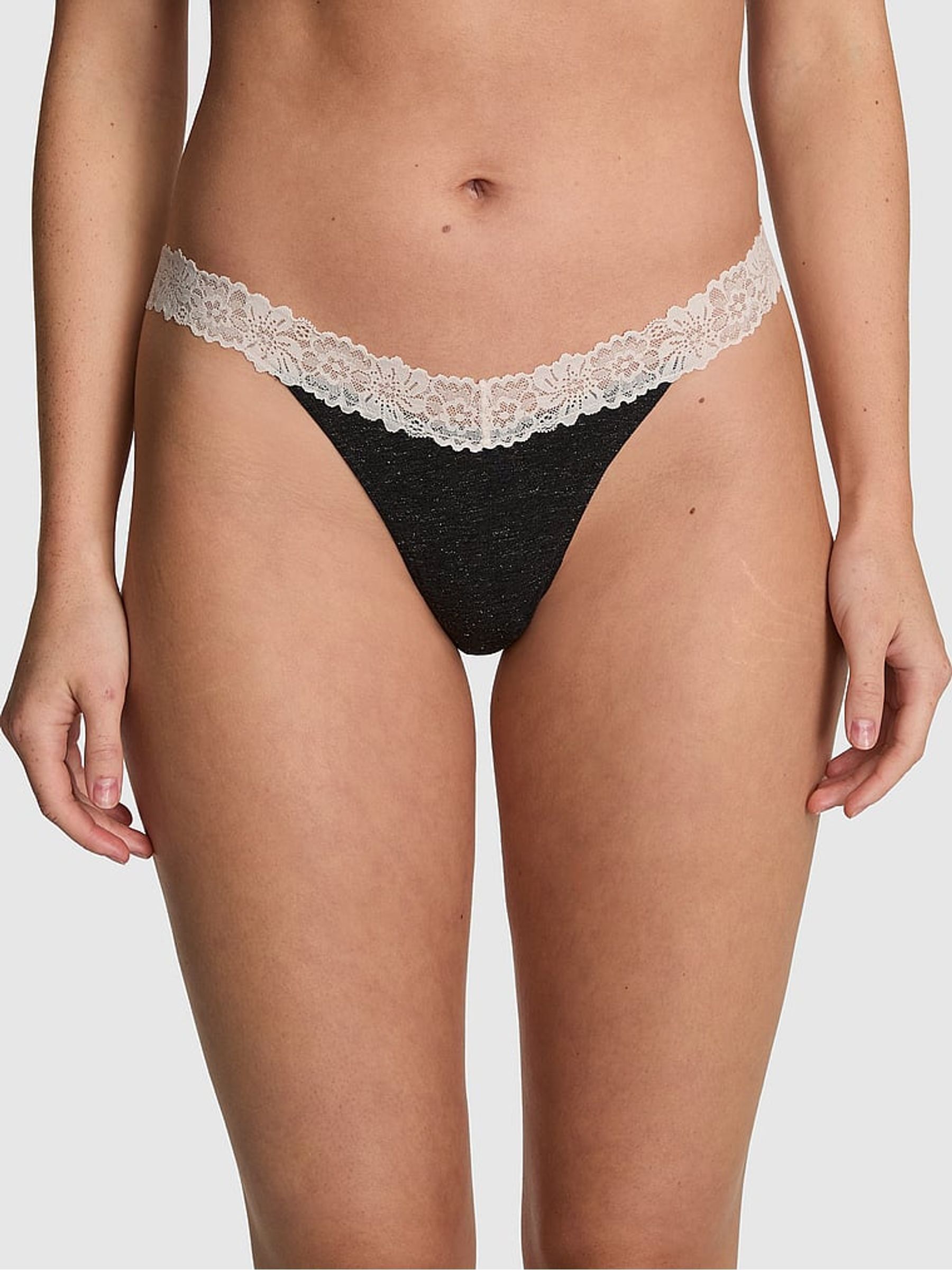 Charcoal Heather Grey Thong Cotton Heather Lace Trim Knickers - Image 1 of 2