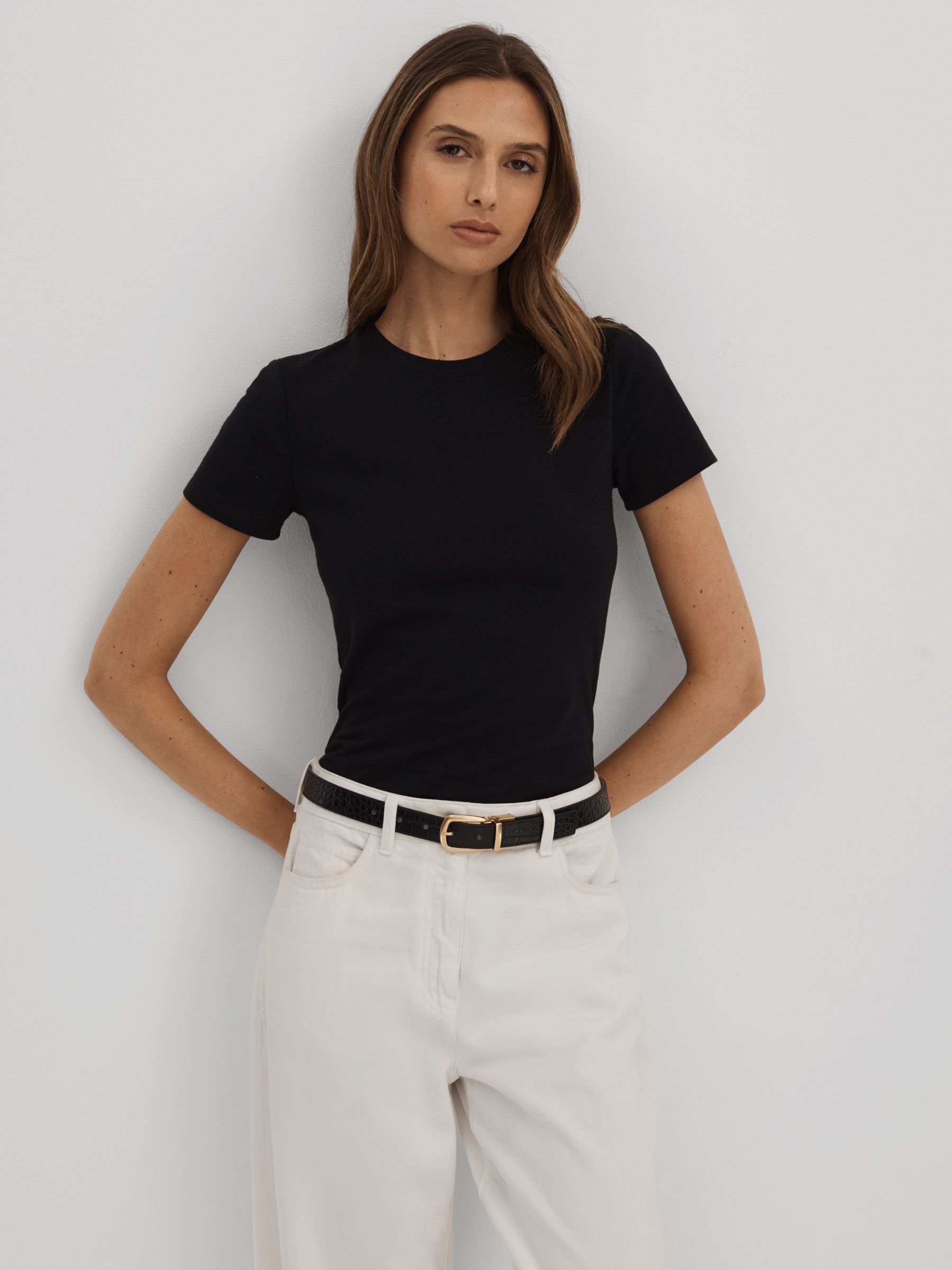Good American Cropped Cotton Crew Neck T-Shirt in Black - Image 1 of 5