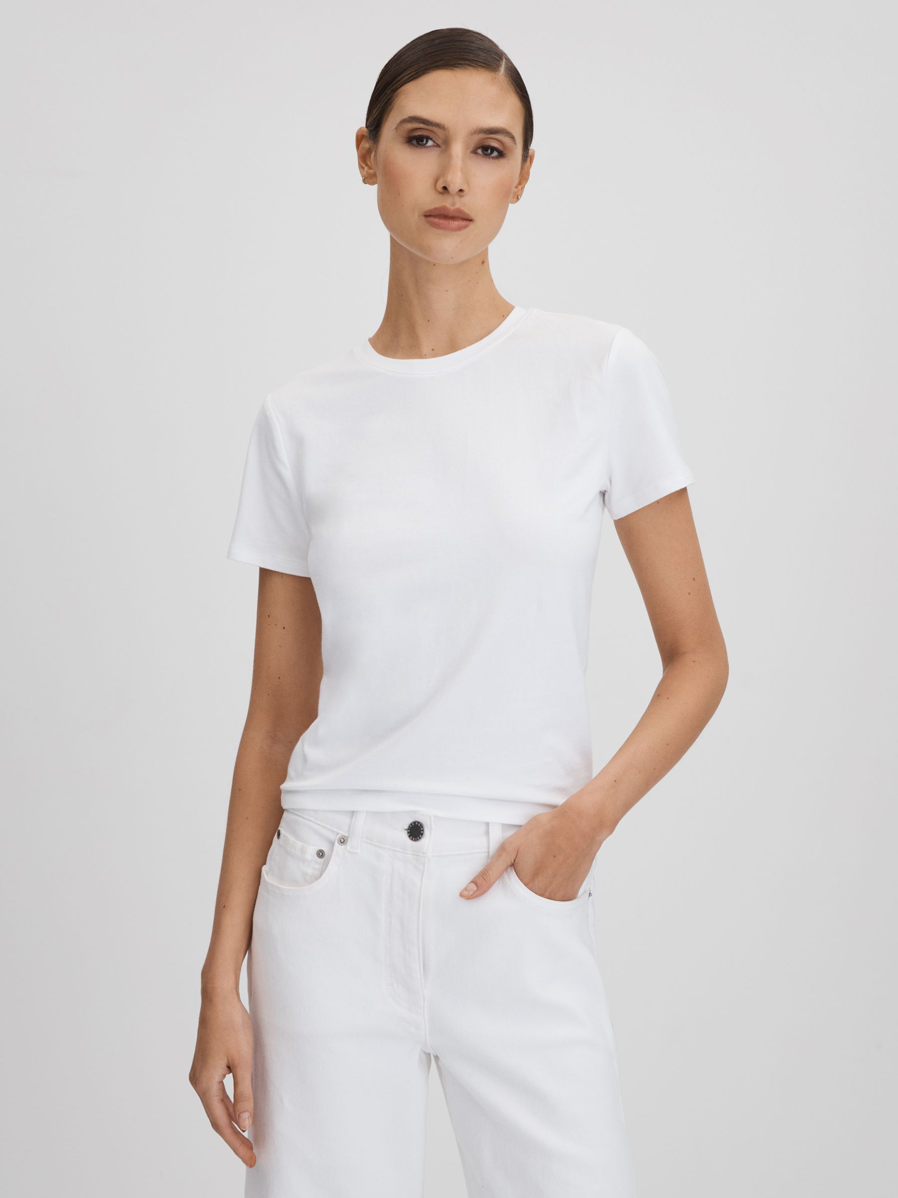 Cropped Cotton Crew Neck T-Shirt in White - Image 1 of 6