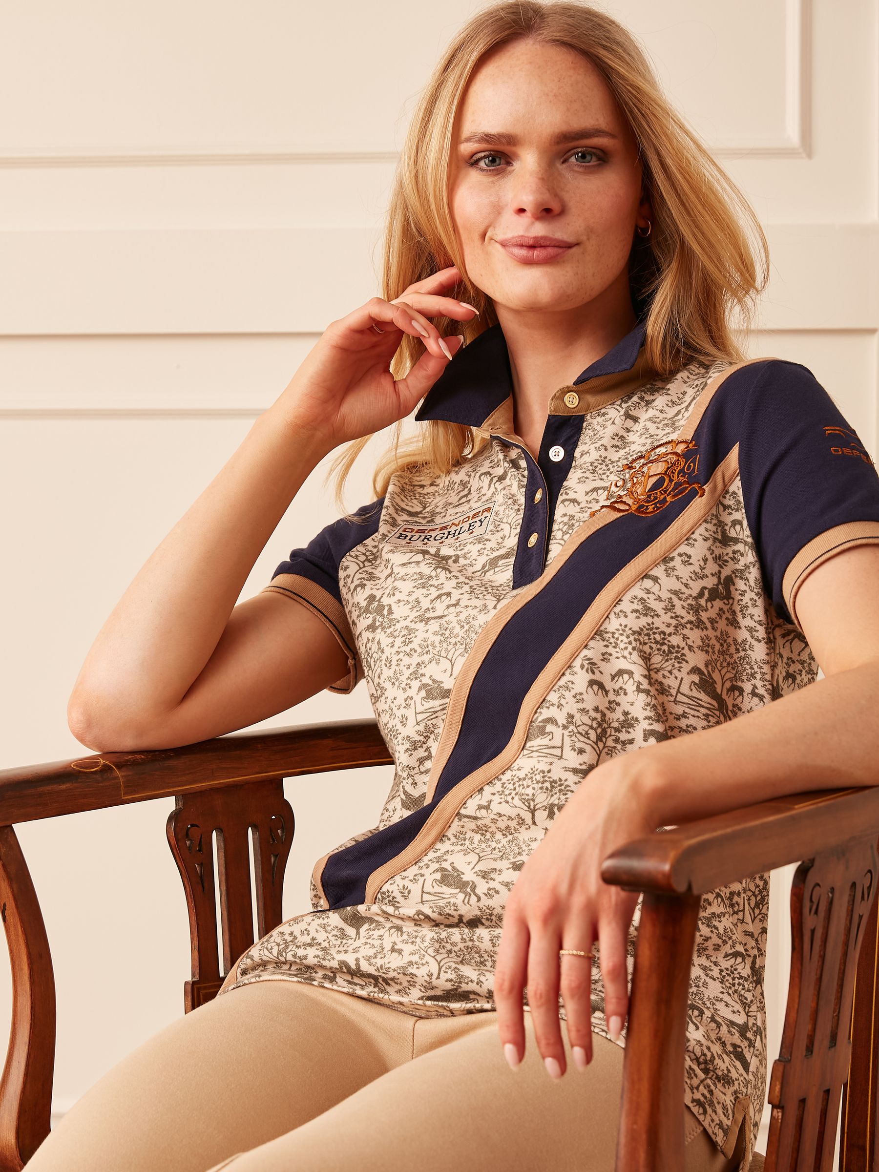 Official Burghley Navy/Camel Printed Polo Shirt - Image 2 of 3