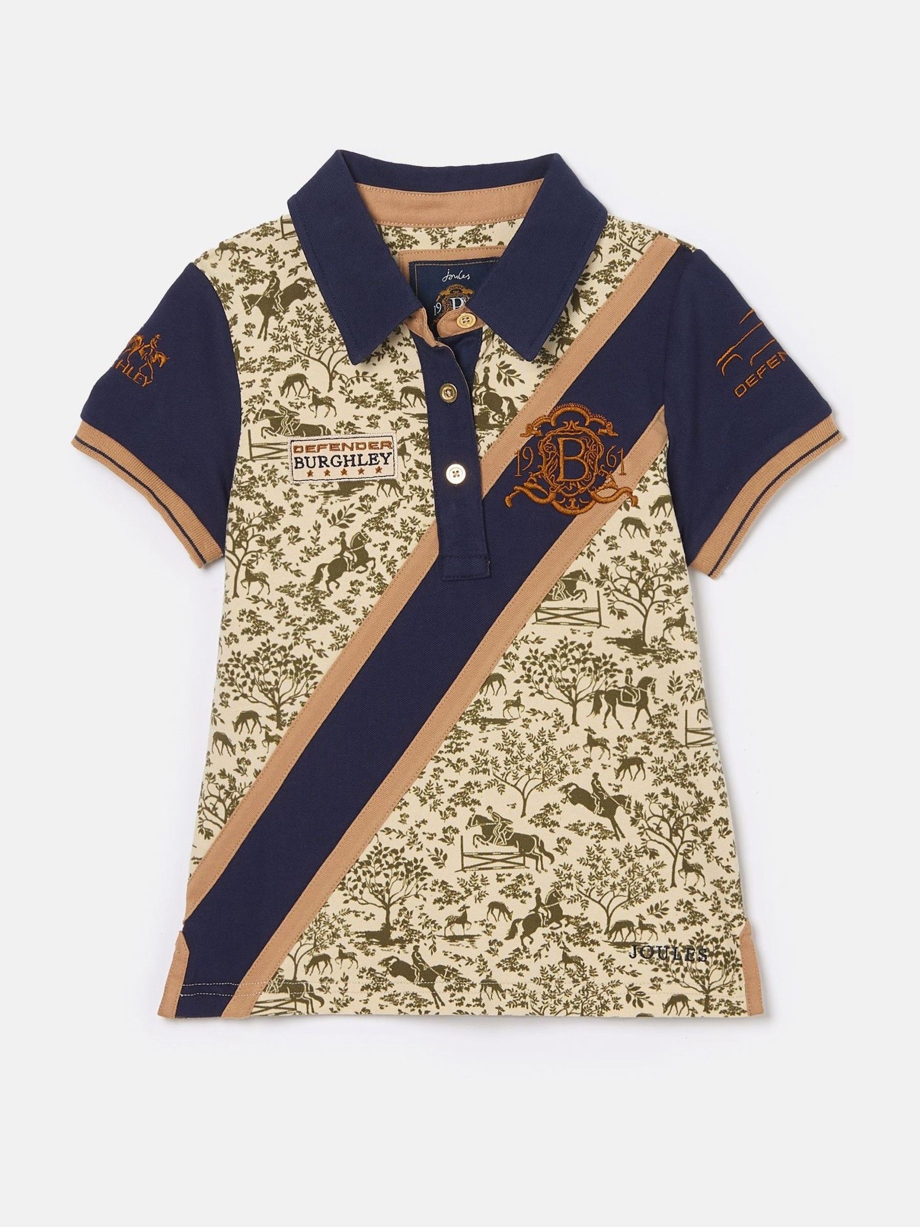 Official Burghley Navy/Camel Girls' Printed Polo Shirt - Image 1 of 3