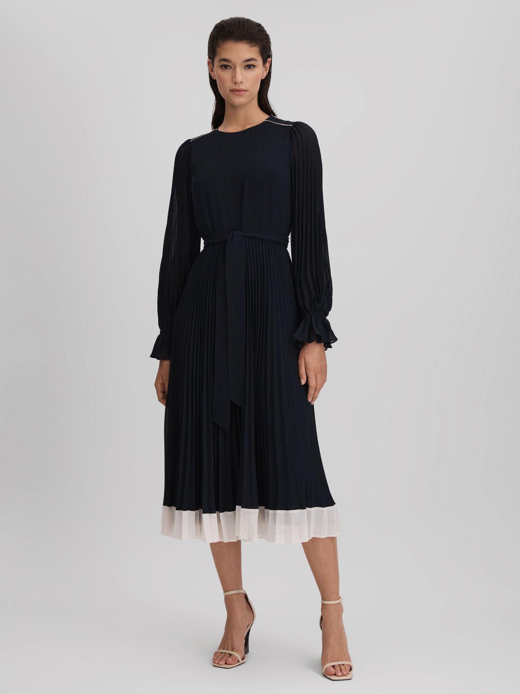 Pleated Belted Midi Dress in Navy/Cream - Image 10 of 10