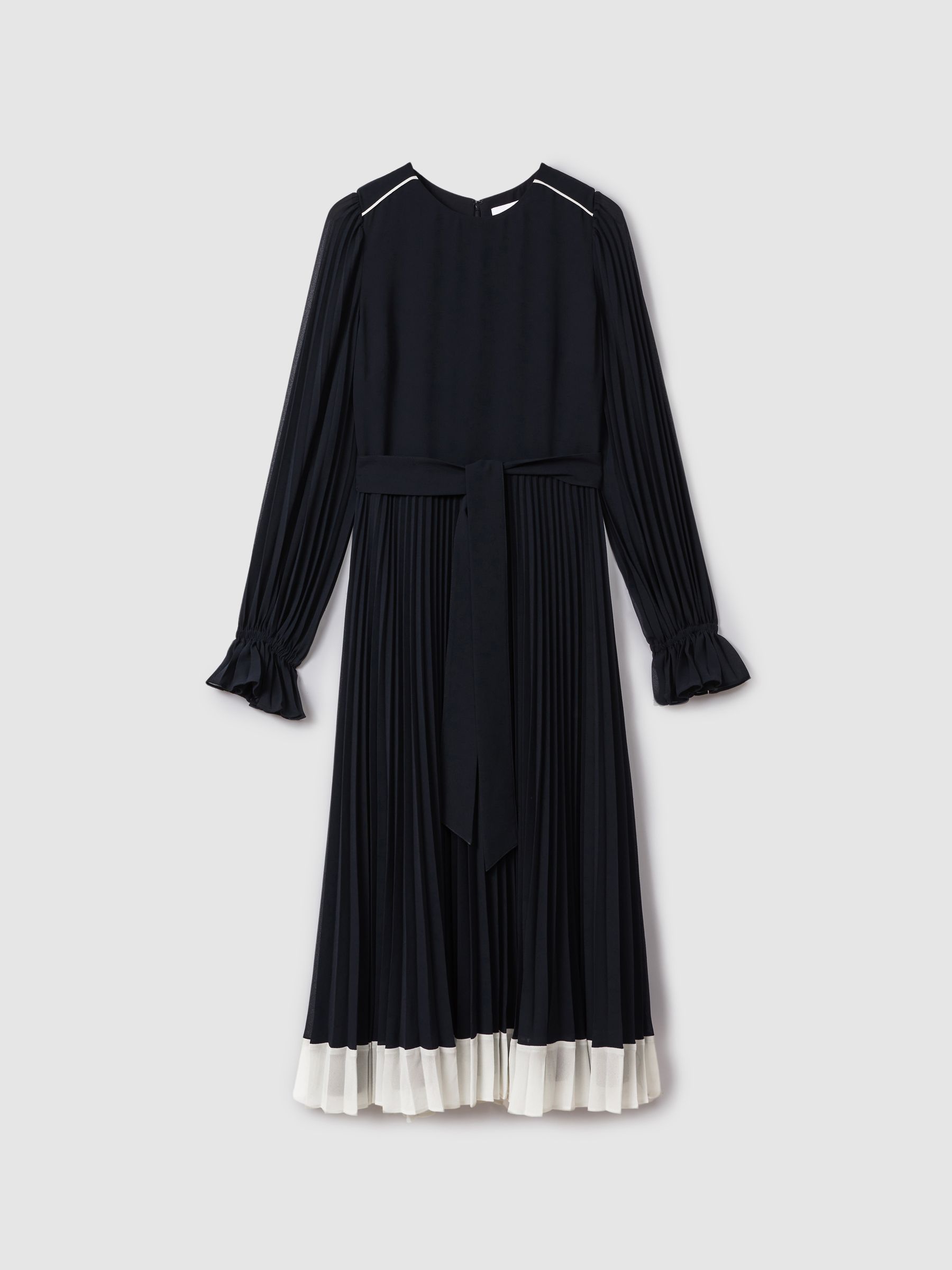 Pleated Belted Midi Dress in Navy/Cream - Image 2 of 6