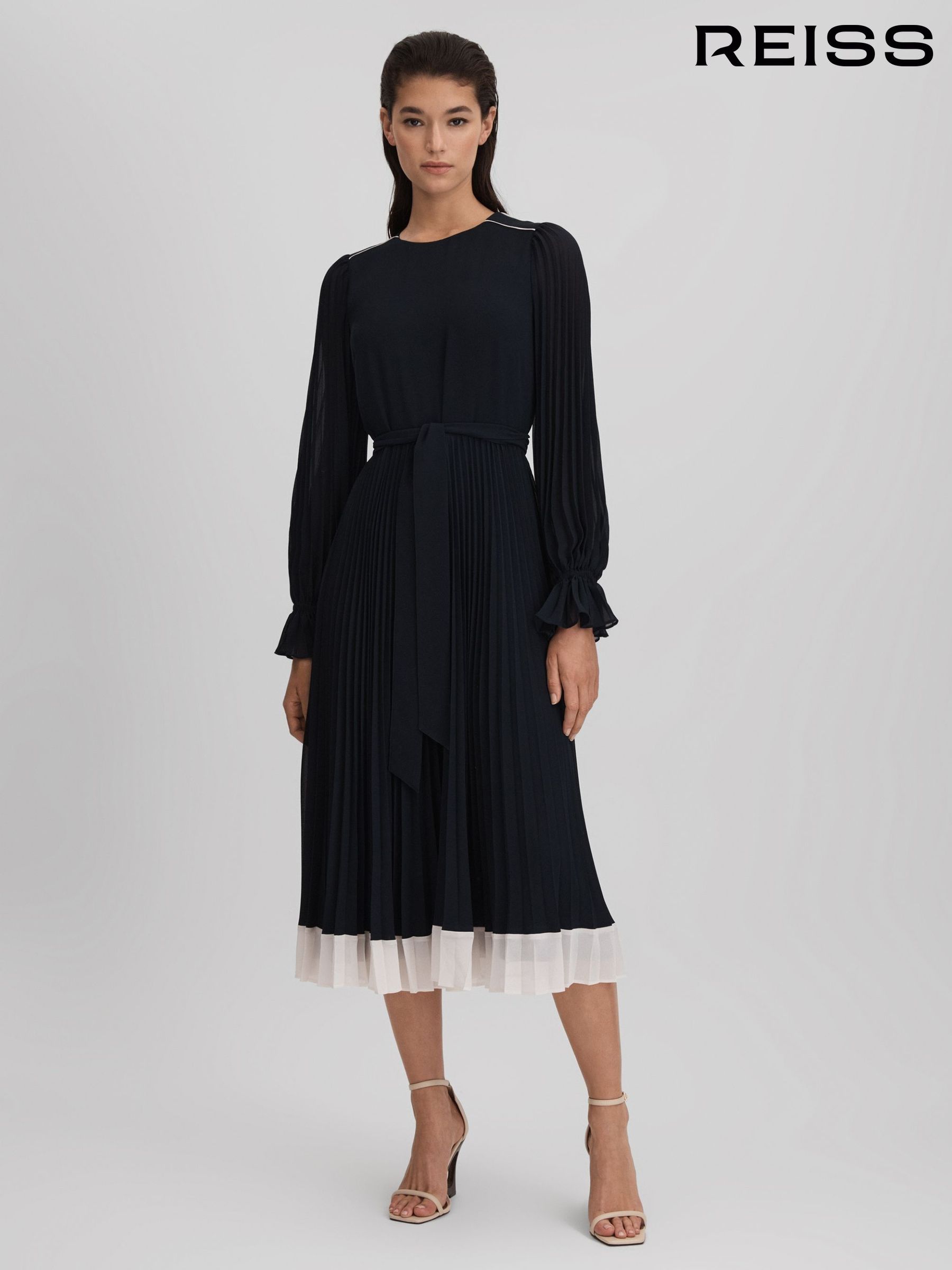 Pleated Belted Midi Dress in Navy/Cream - Image 7 of 10