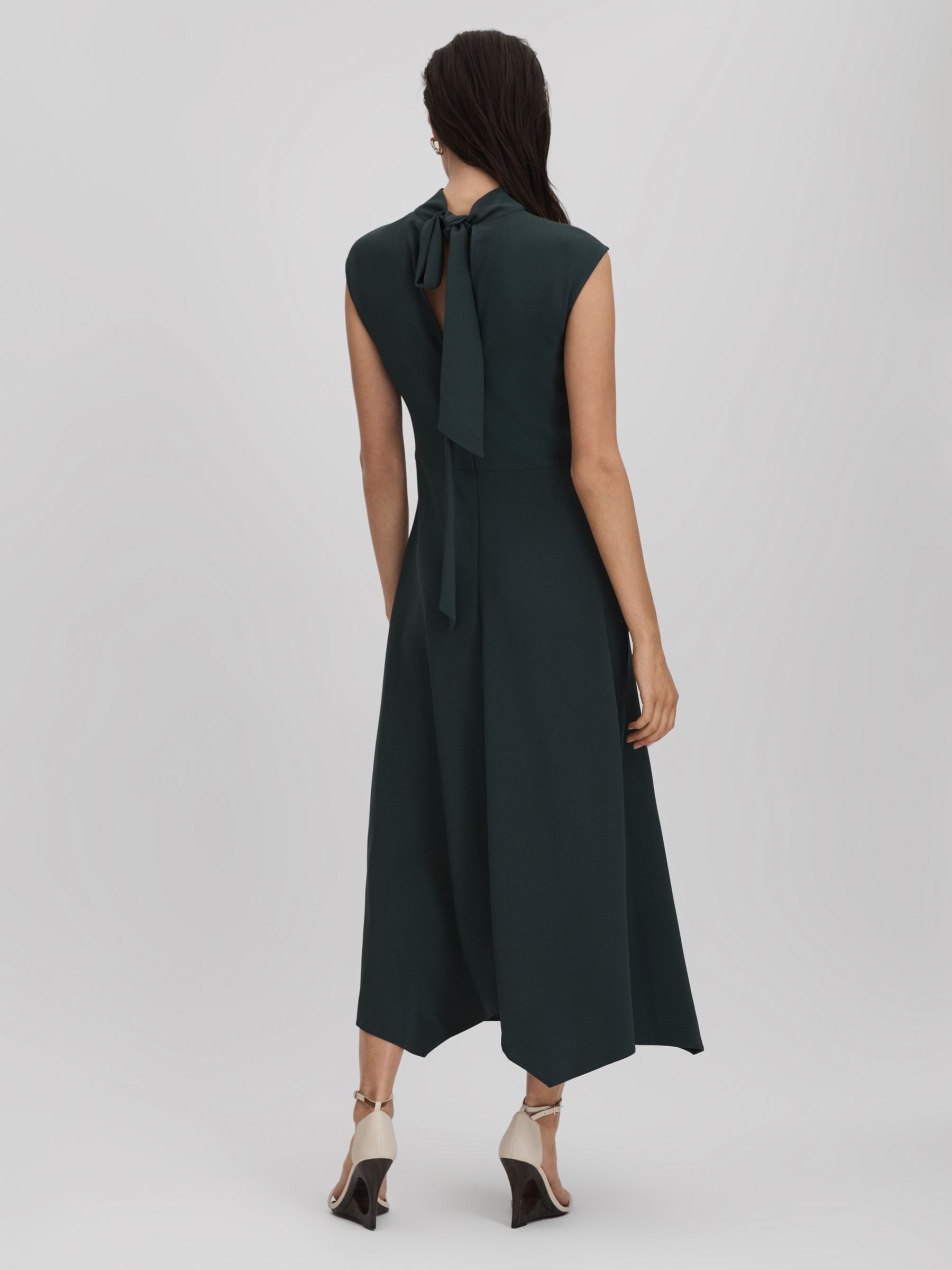Fitted Asymmetric Midi Dress in Dark Green - Image 5 of 7