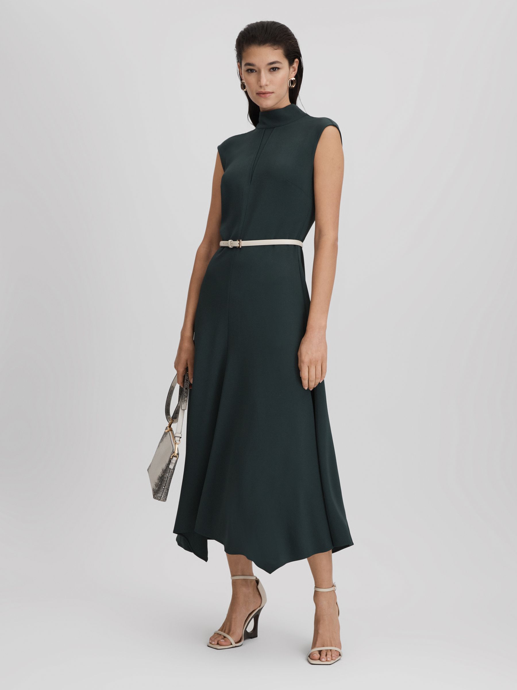 Fitted Asymmetric Midi Dress in Dark Green - Image 6 of 7