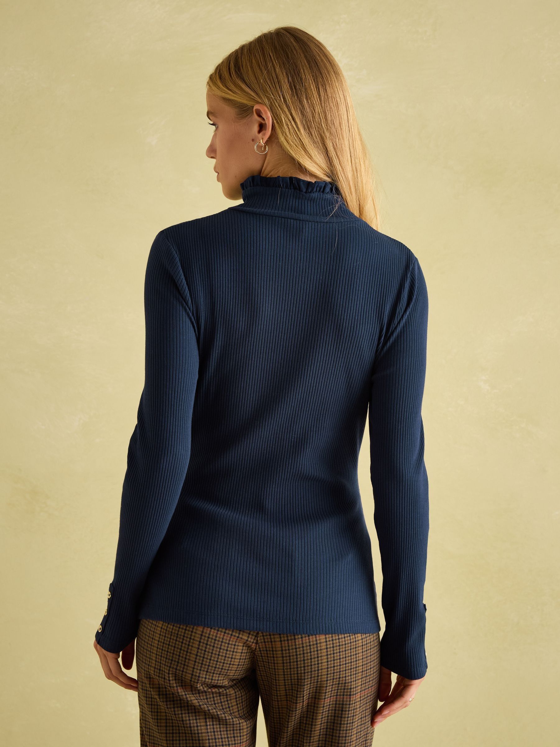 Amy Navy Ribbed Long Sleeve High Neck Jersey Top - Image 2 of 6