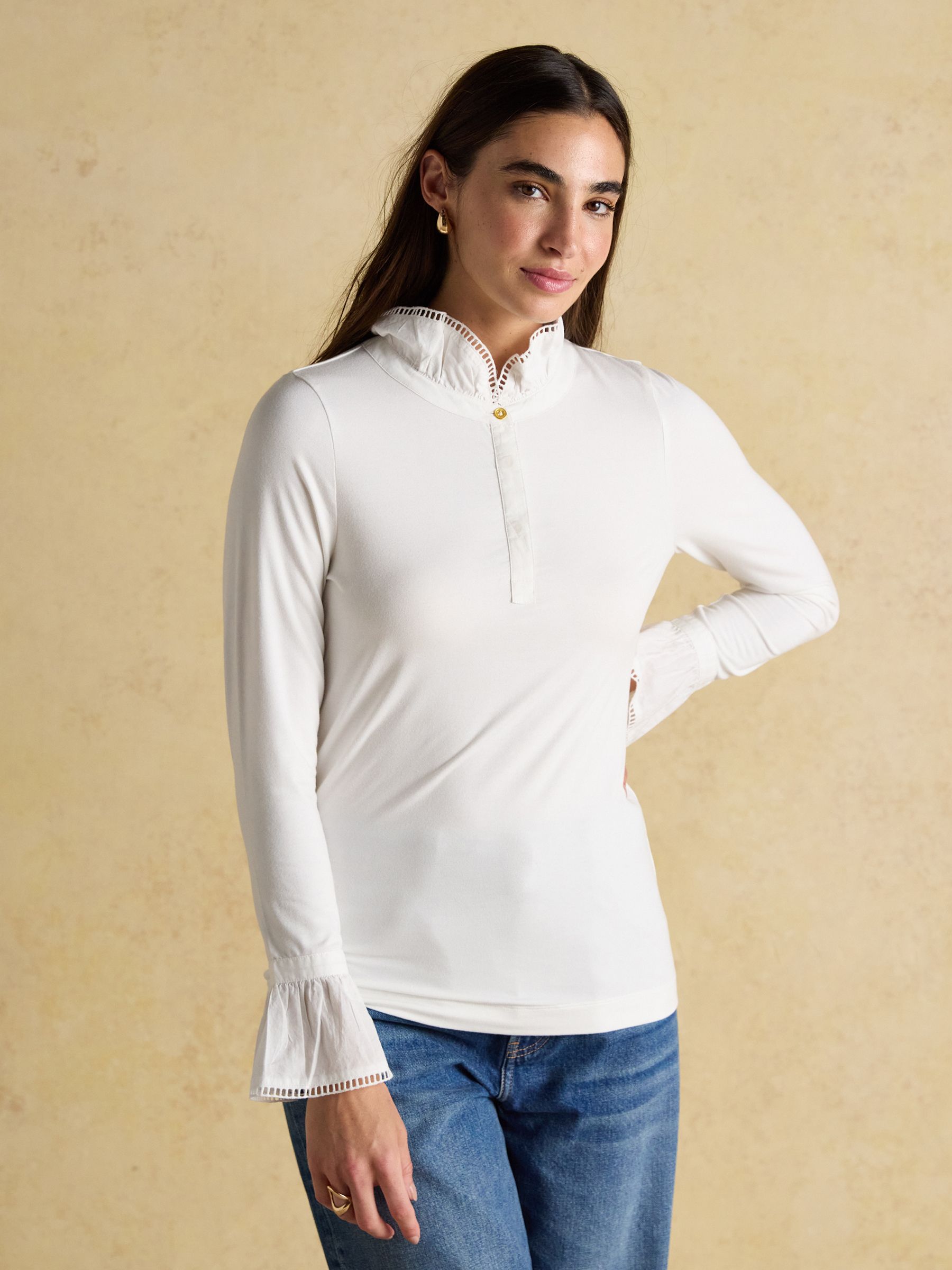 Kate White Long Sleeve Frilled Neck Top | Joules