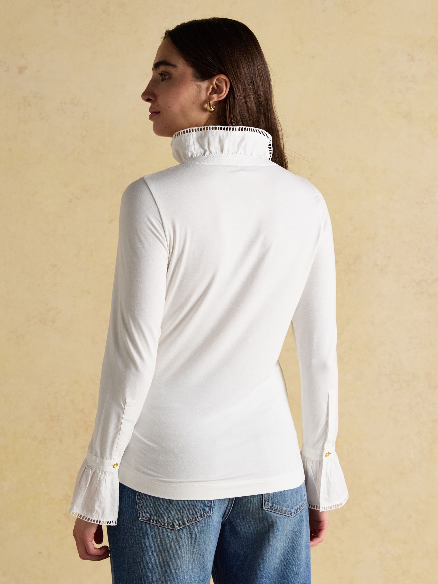 Kate White Long Sleeve Frilled Neck Top | Joules