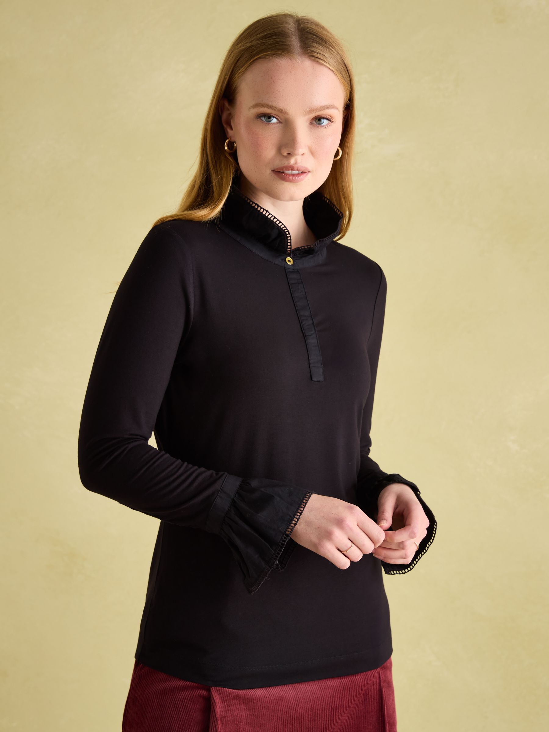Kate Black Long Sleeve Frilled Neck Top - Image 1 of 6
