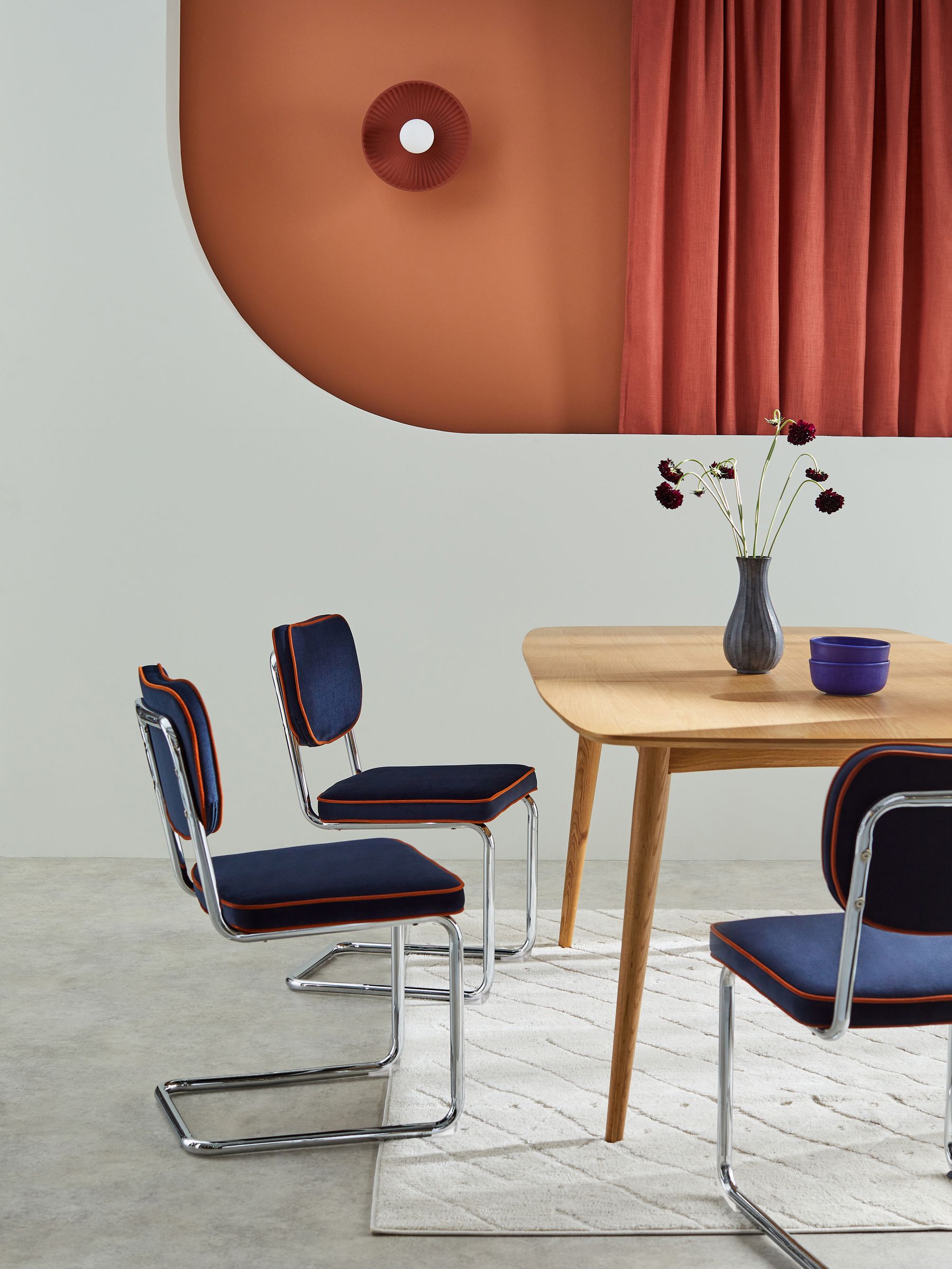 Set of 2 Parker Dining Chairs in Dark Blue Velvet with Cinnamon Piping in Dark Blue with Cinnamon Piping - Image 1 of 3