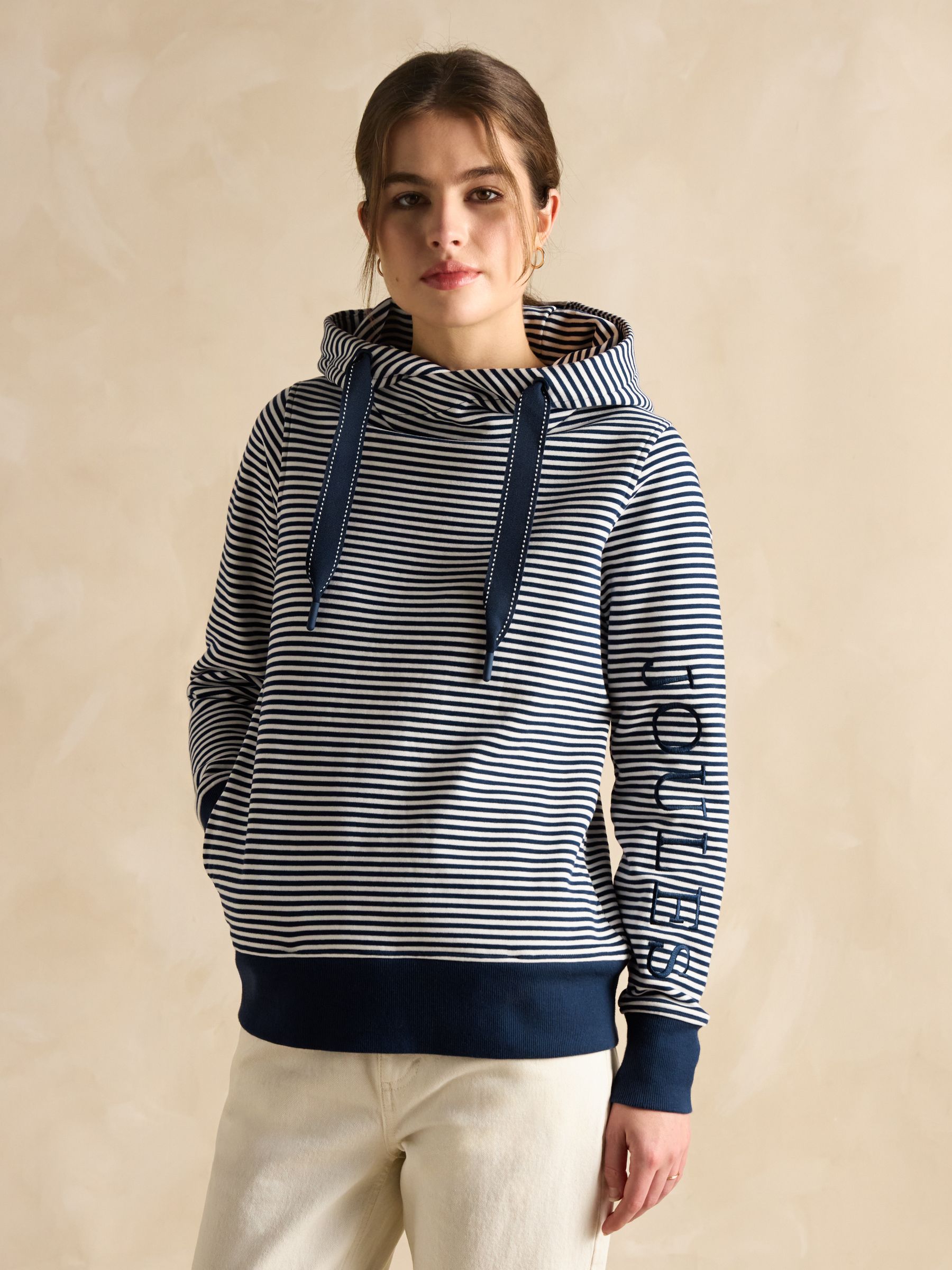 Rushton Navy Blue Stripe Cotton Cowl Neck Hoodie - Image 1 of 6