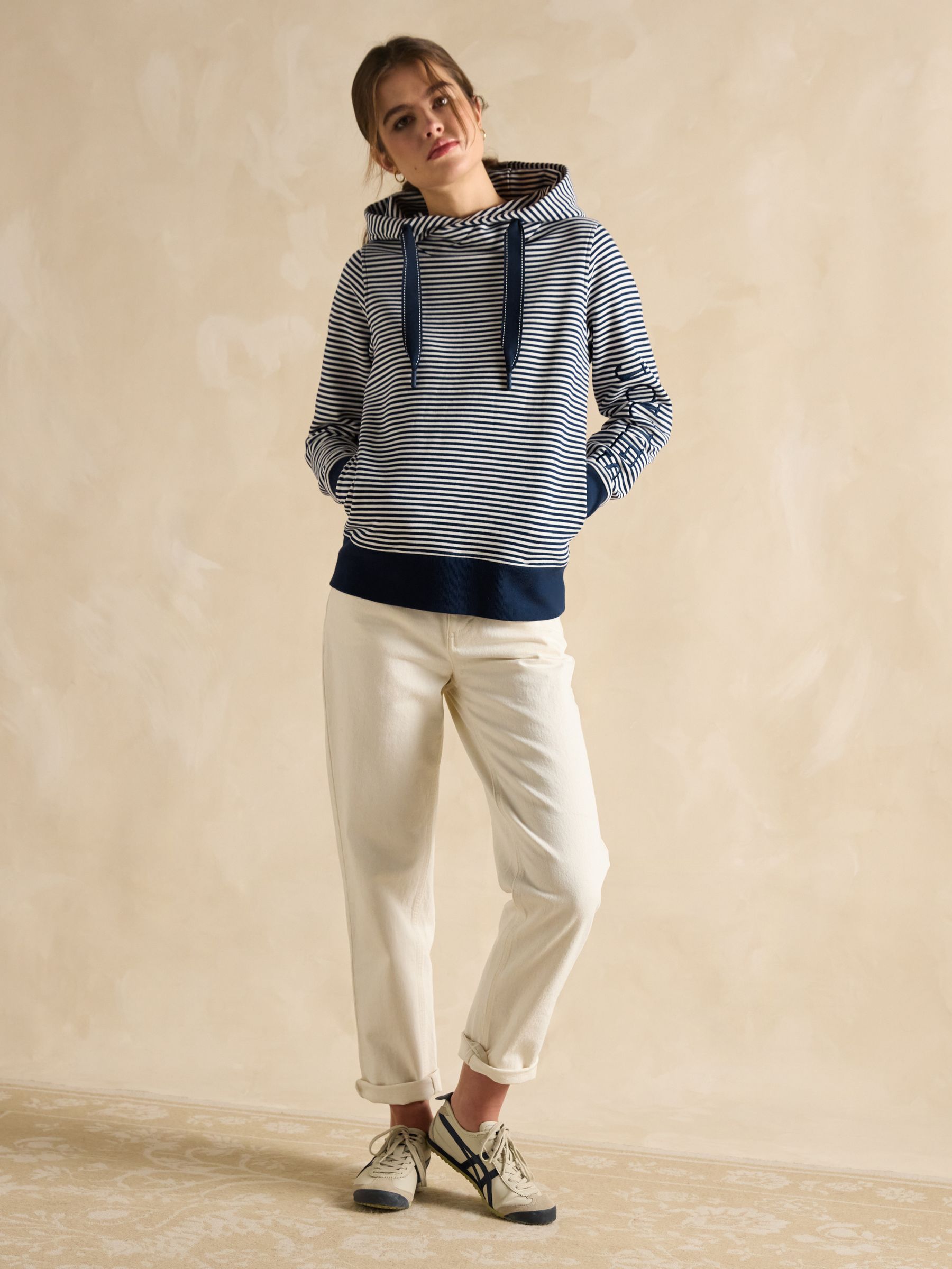 Rushton Navy Blue Stripe Cotton Cowl Neck Hoodie - Image 4 of 6