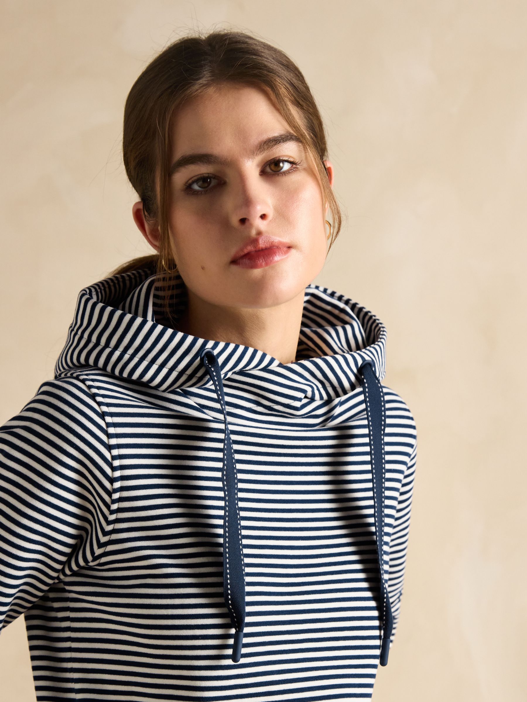 Rushton Navy Blue Stripe Cotton Cowl Neck Hoodie - Image 5 of 6