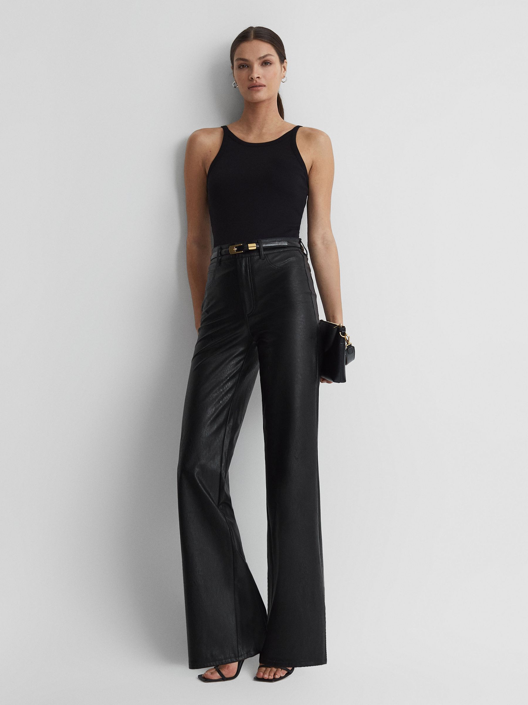 Paige High Rise Leather-Look Wide Leg Jeans in Black - Image 3 of 6