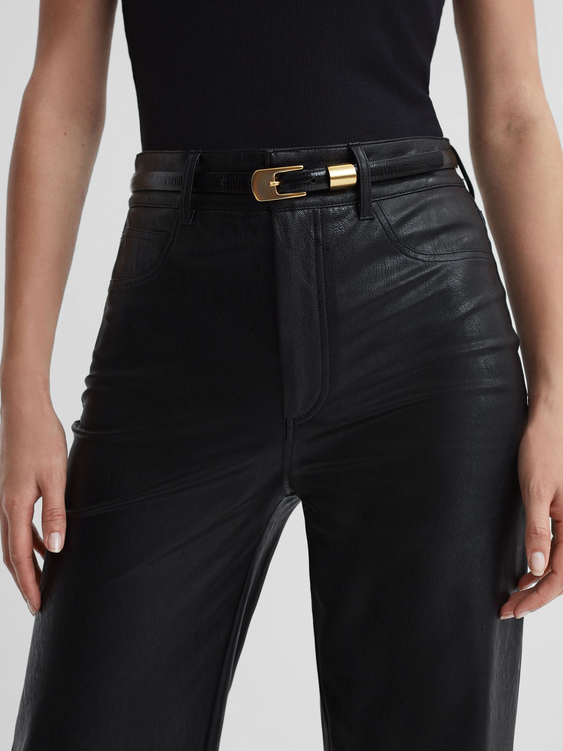 Paige High Rise Leather-Look Wide Leg Jeans in Black - Image 4 of 6