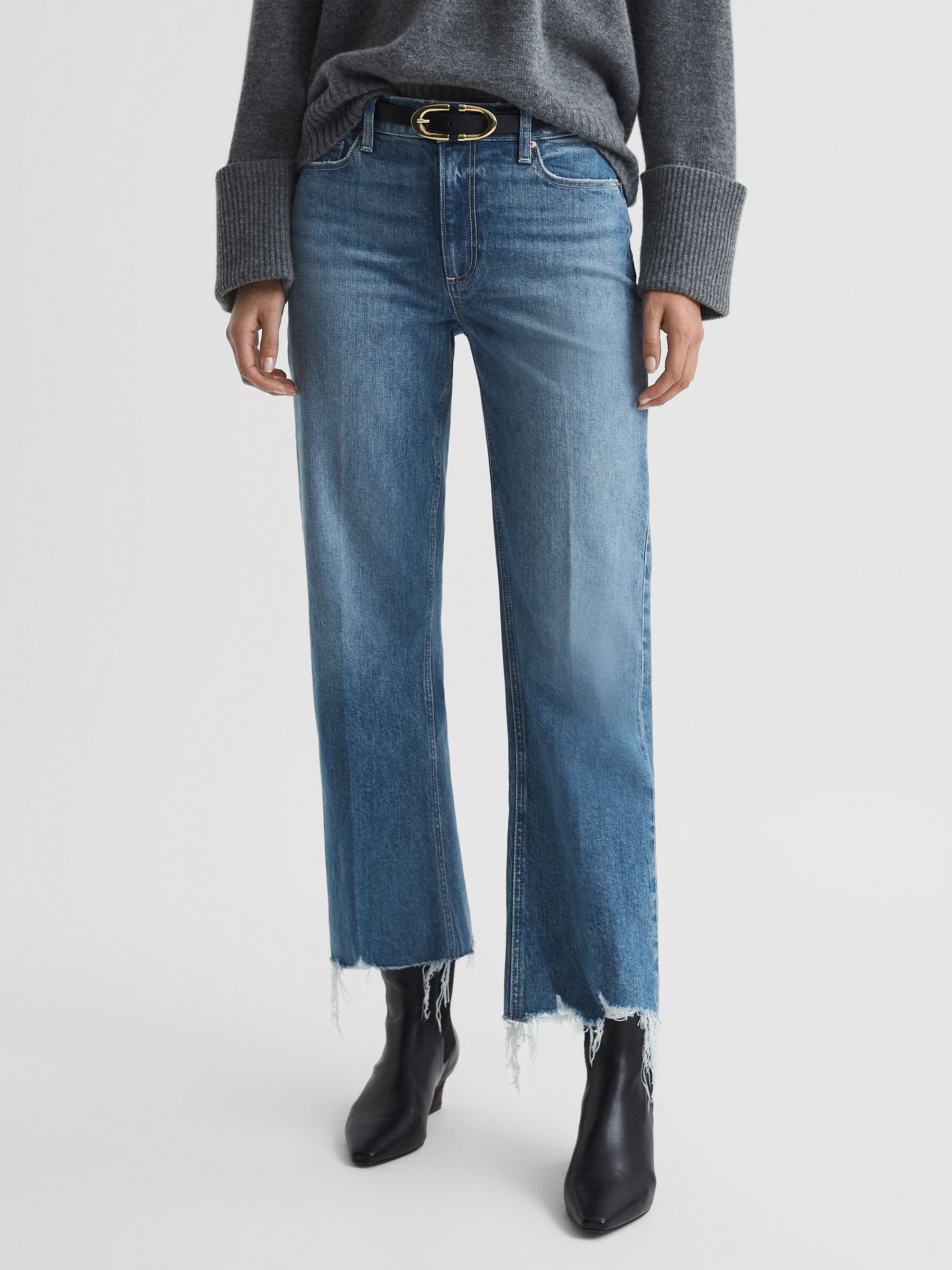Paige Cropped Distressed Hem Jeans in Charming Blue - Image 1 of 7
