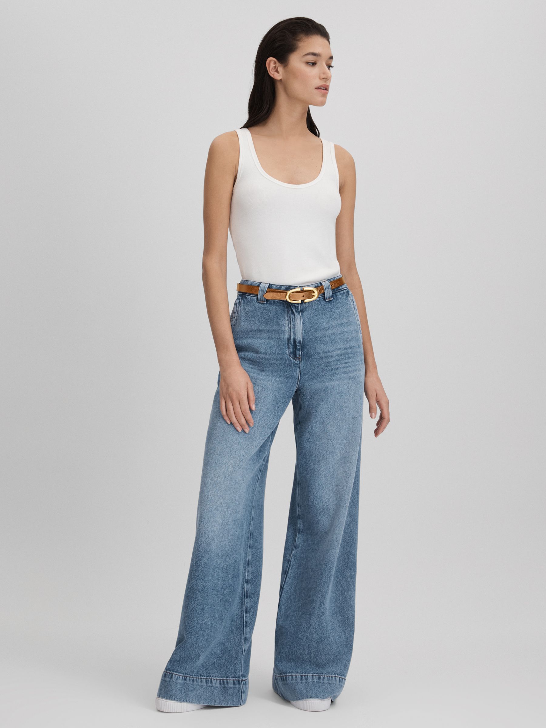 Wide Leg Contrast Stitch Jeans in Light Blue - Image 6 of 7