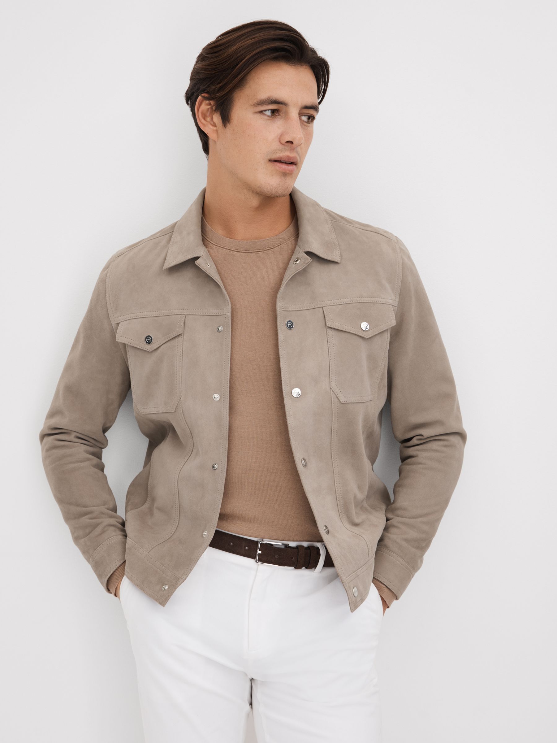 Suede Twin Pocket Overshirt in Mink - Image 1 of 7