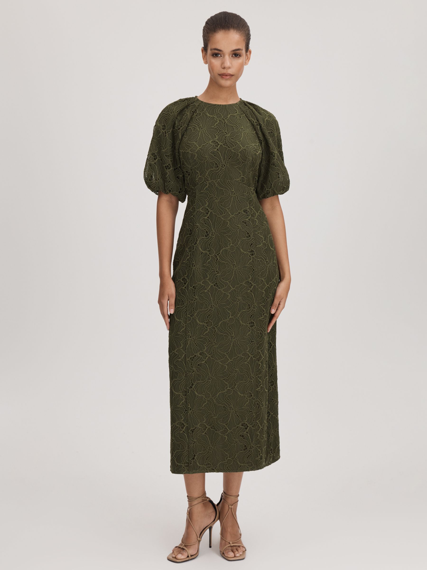 Florere Lace Puff Sleeve Midi Dress in Dark Khaki - Image 1 of 6