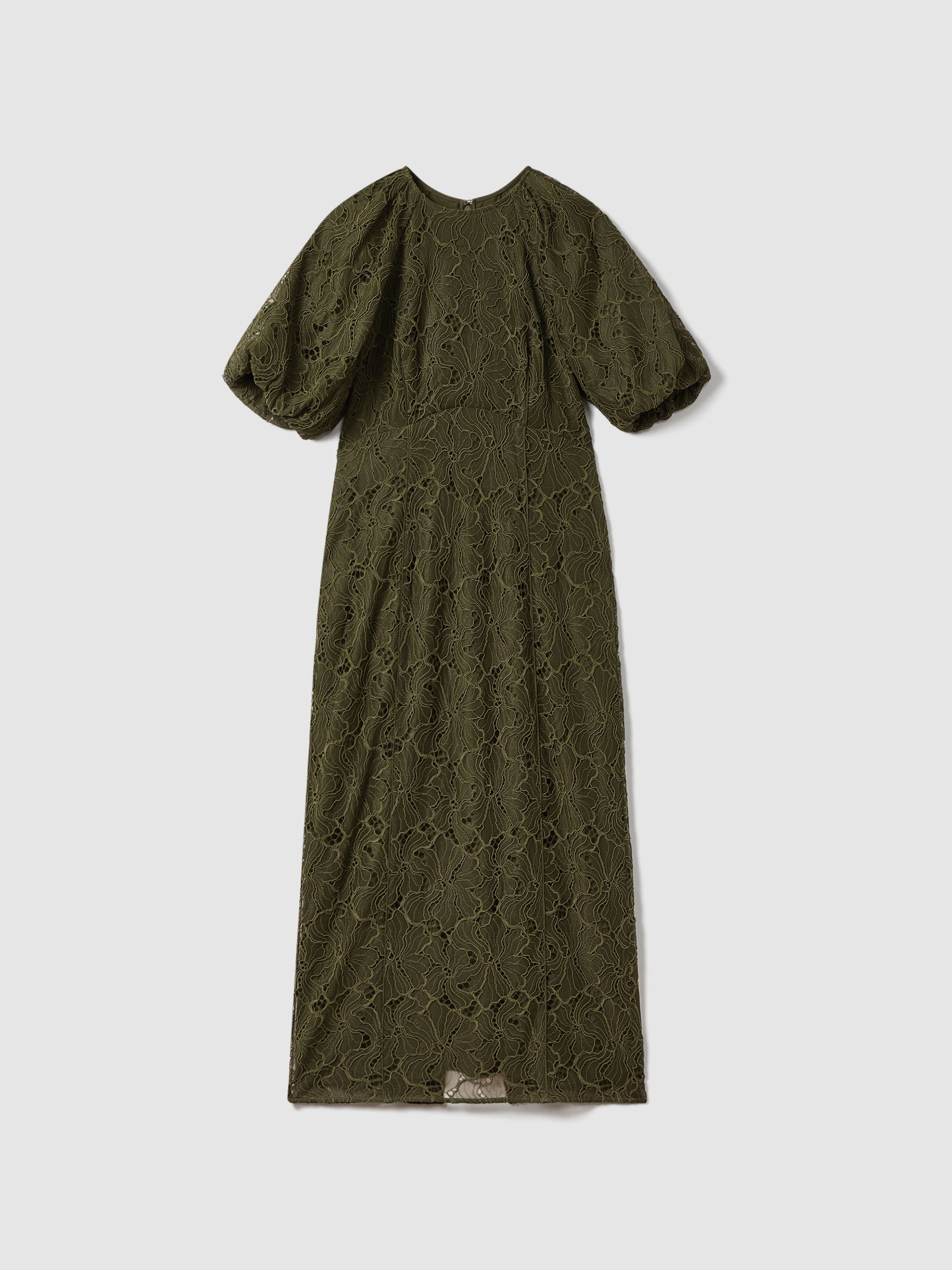 Florere Lace Puff Sleeve Midi Dress in Dark Khaki - Image 2 of 6