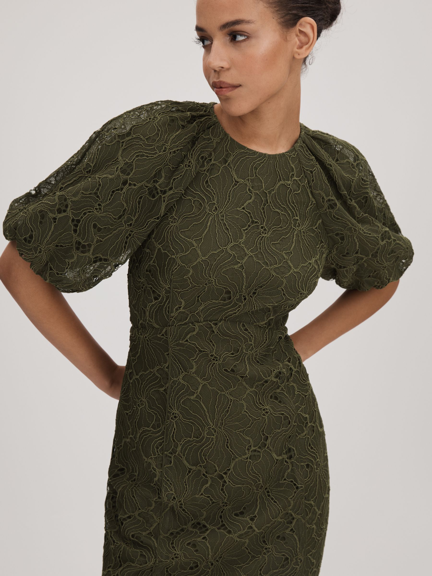 Florere Lace Puff Sleeve Midi Dress in Dark Khaki - Image 3 of 6