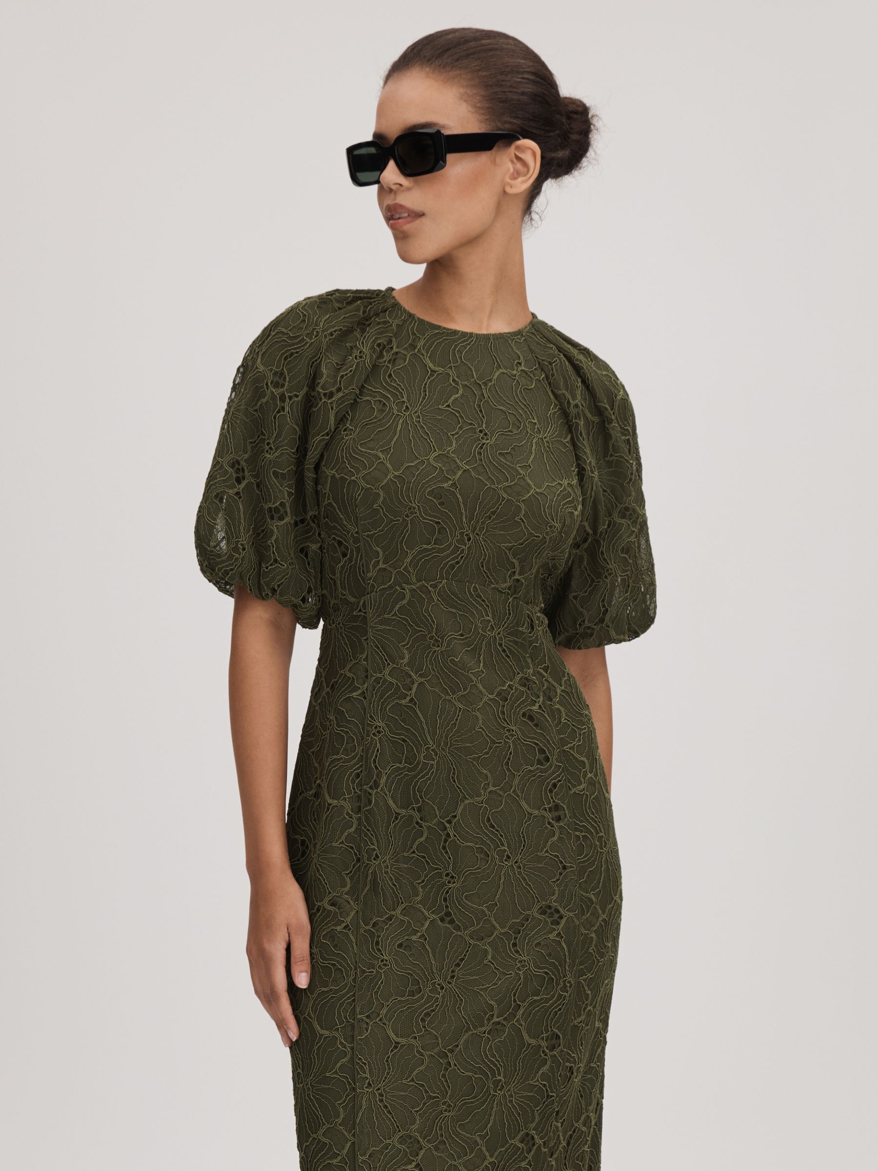 Florere Lace Puff Sleeve Midi Dress in Dark Khaki - Image 4 of 6